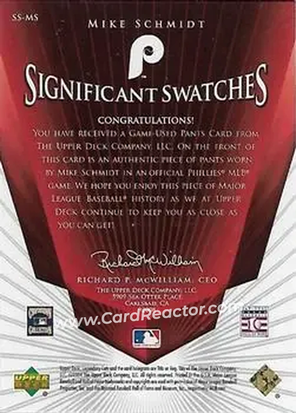 2004 SP Legendary Cuts - Significant Swatches #SS-MS - Mike Schmidt - Philadelphia Phillies - Back