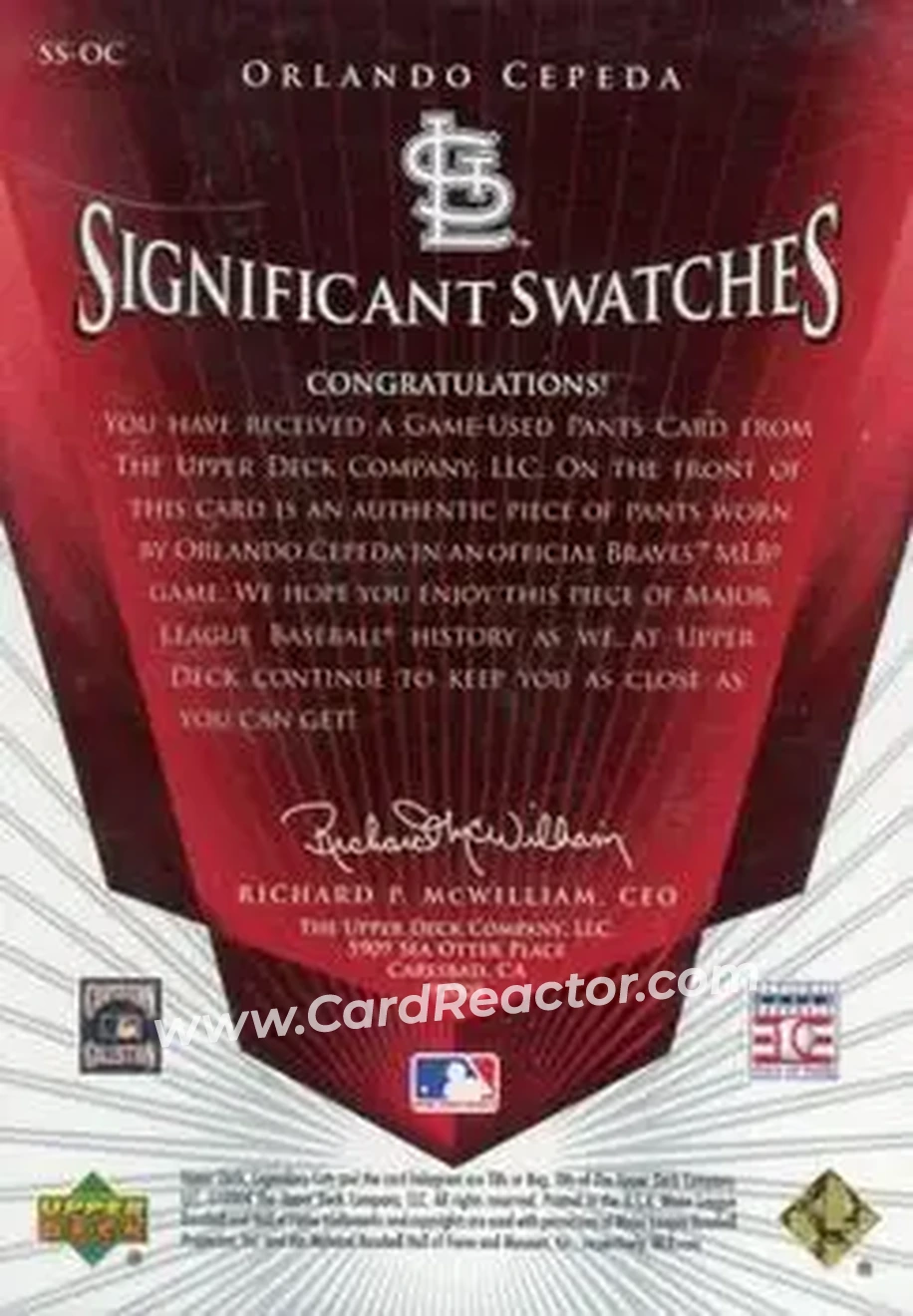 2004 SP Legendary Cuts - Significant Swatches #SS-OC - Orlando Cepeda - St. Louis Cardinals - Back 2004 SP Legendary Cuts - Significant Swatches #SS-OC - Orlando Cepeda - St. Louis Cardinals - Back