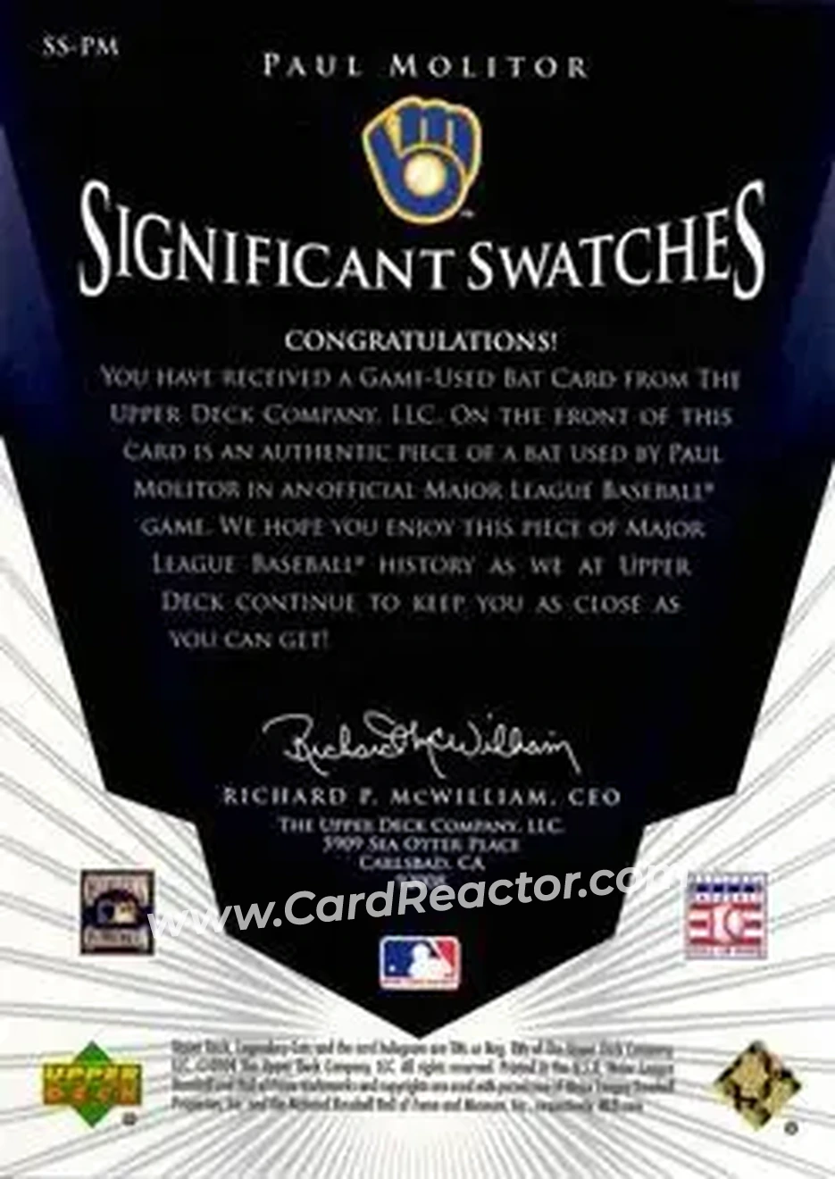 2004 SP Legendary Cuts - Significant Swatches #SS-PM - Paul Molitor - Milwaukee Brewers - Back