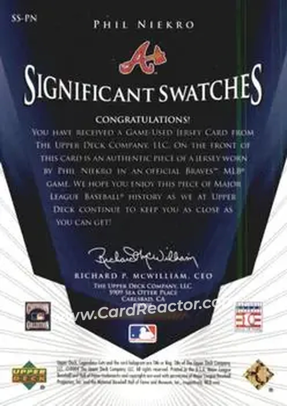 2004 SP Legendary Cuts - Significant Swatches #SS-PN - Phil Niekro - Atlanta Braves - Back