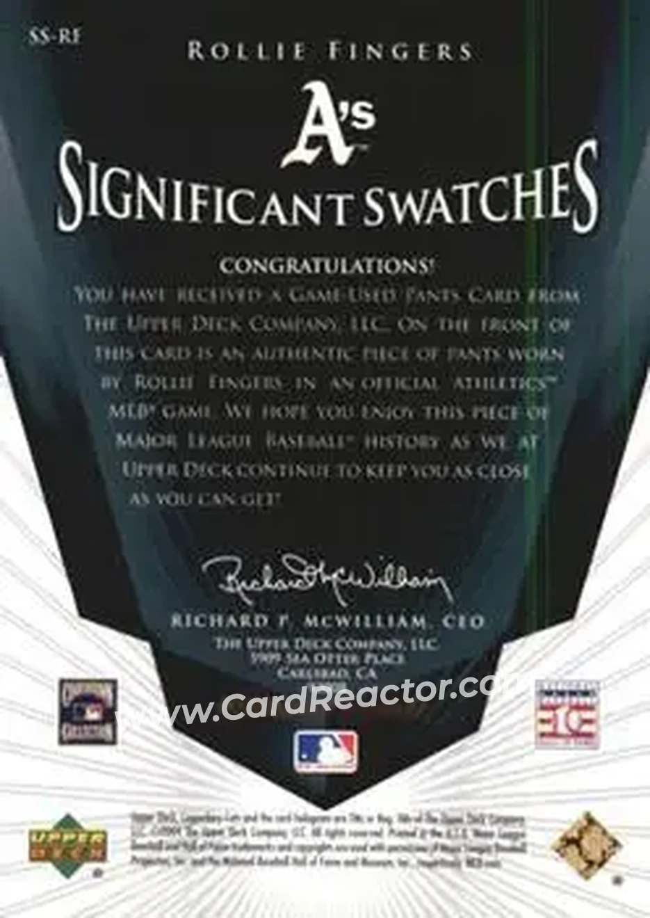 2004 SP Legendary Cuts - Significant Swatches #SS-RF - Rollie Fingers - Oakland Athletics - Back