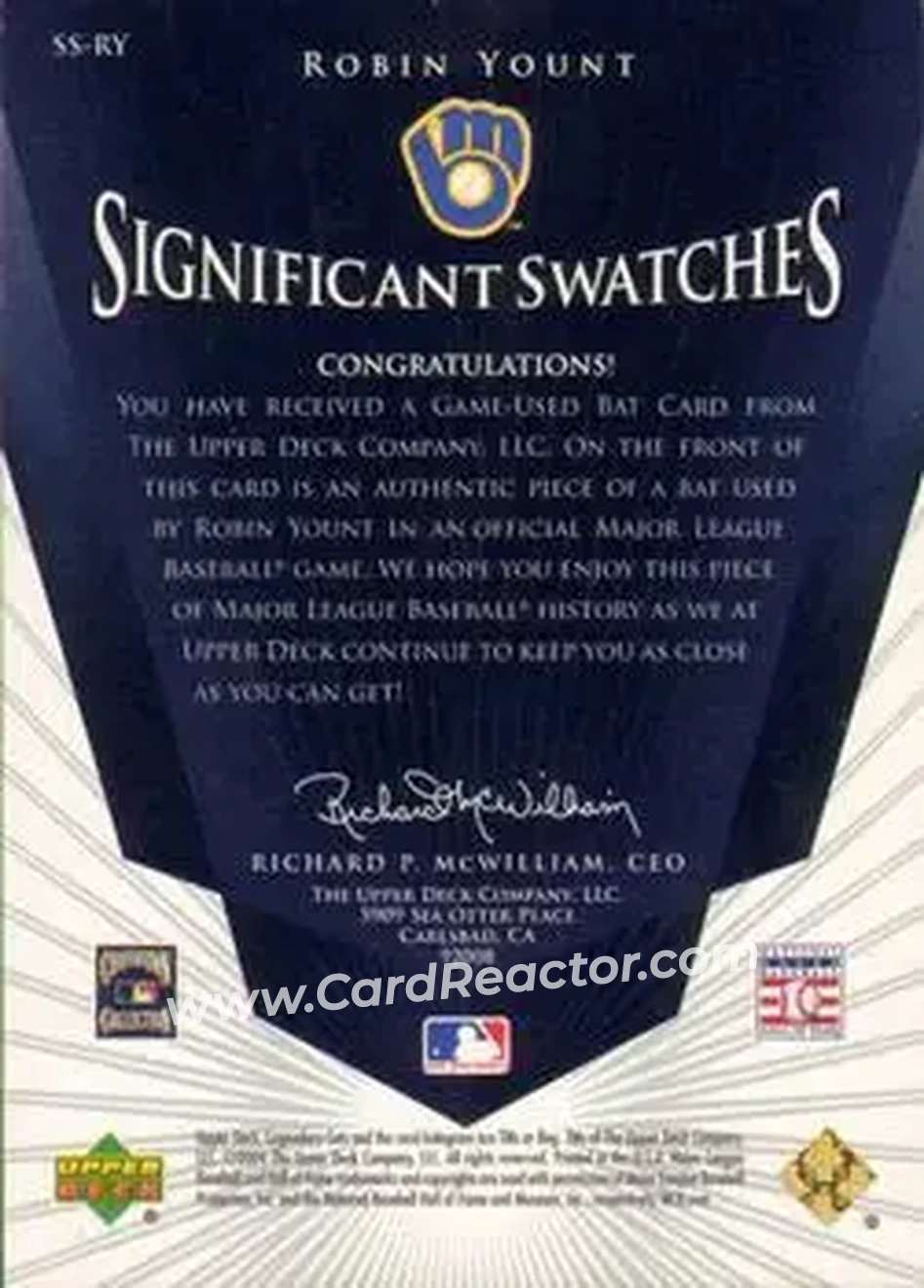 2004 SP Legendary Cuts - Significant Swatches #SS-RY - Robin Yount - Milwaukee Brewers - Back