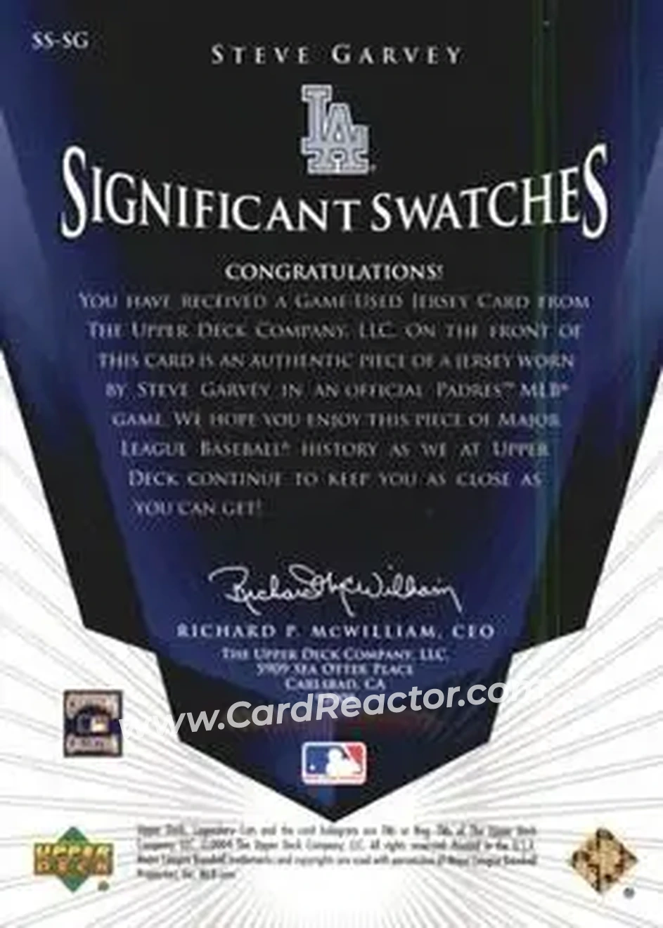 2004 SP Legendary Cuts - Significant Swatches #SS-SG - Steve Garvey - Los Angeles Dodgers - Back