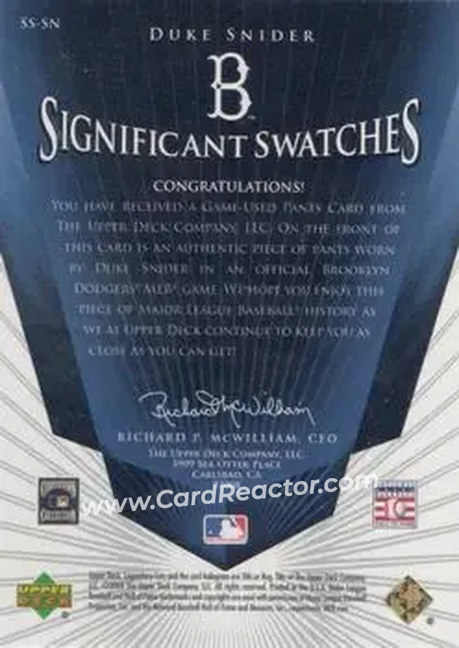 2004 SP Legendary Cuts - Significant Swatches #SS-SN - Edwin "Duke" Snider - Brooklyn Dodgers - Back