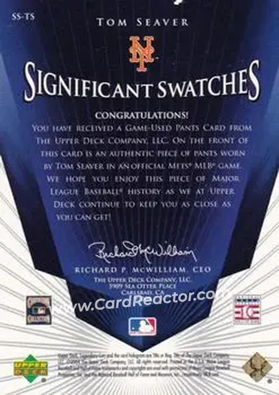 2004 SP Legendary Cuts - Significant Swatches #SS-TS - Tom Seaver - New York Mets - Back