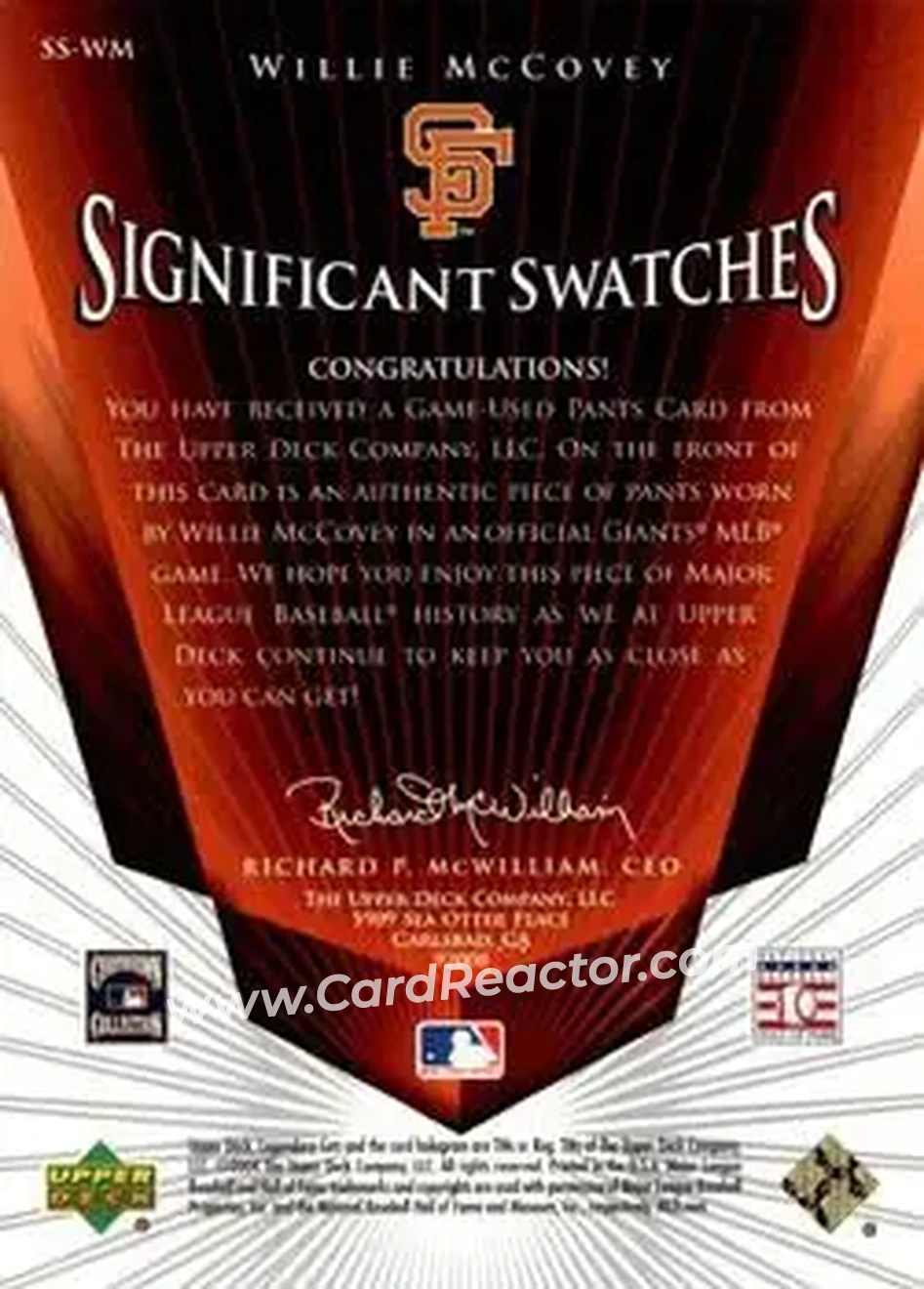 2004 SP Legendary Cuts - Significant Swatches #SS-WM - Willie McCovey - San Francisco Giants - Back