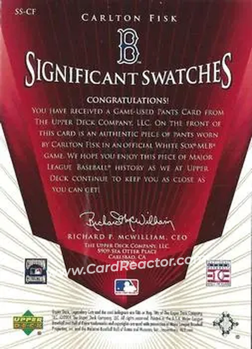 2004 SP Legendary Cuts - Significant Swatches 25 #SS-CF - Carlton Fisk - Boston Red Sox - Back