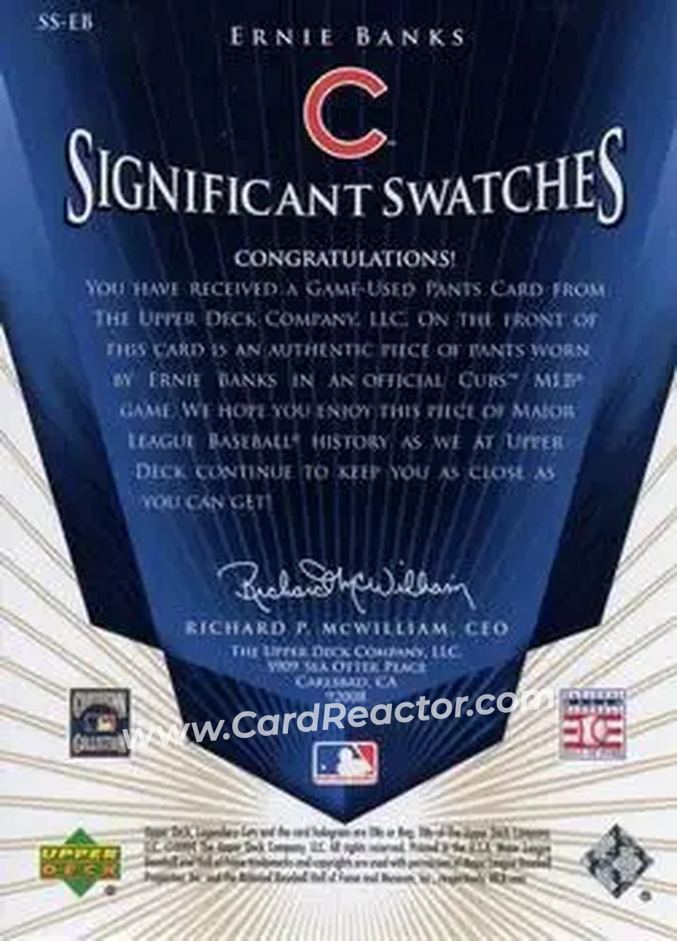2004 SP Legendary Cuts - Significant Swatches 25 #SS-EB - Ernie Banks - Chicago Cubs - Back