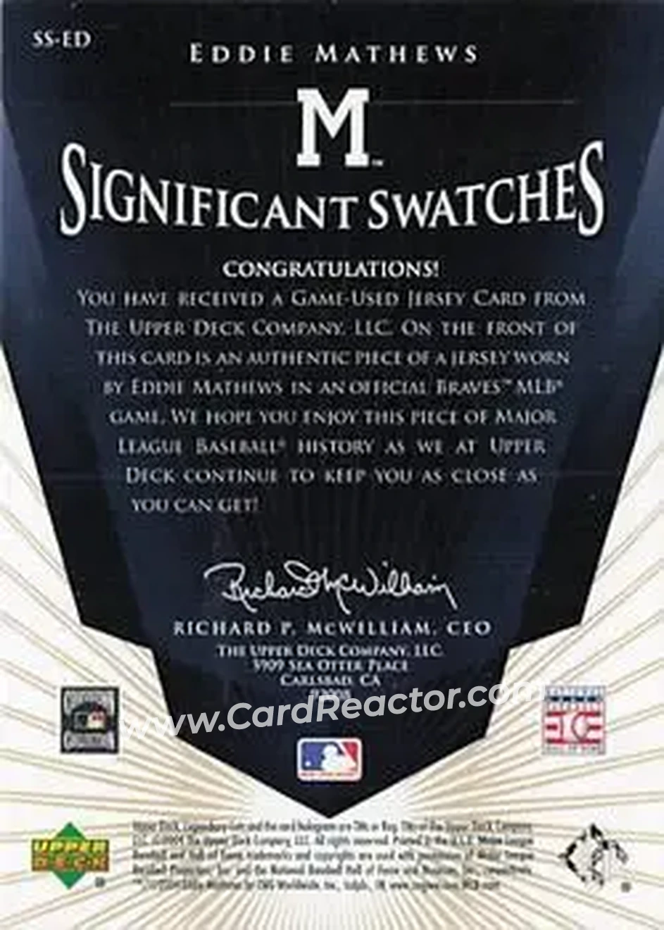 2004 SP Legendary Cuts - Significant Swatches 25 #SS-ED - Ed Mathews - Milwaukee Braves - Back