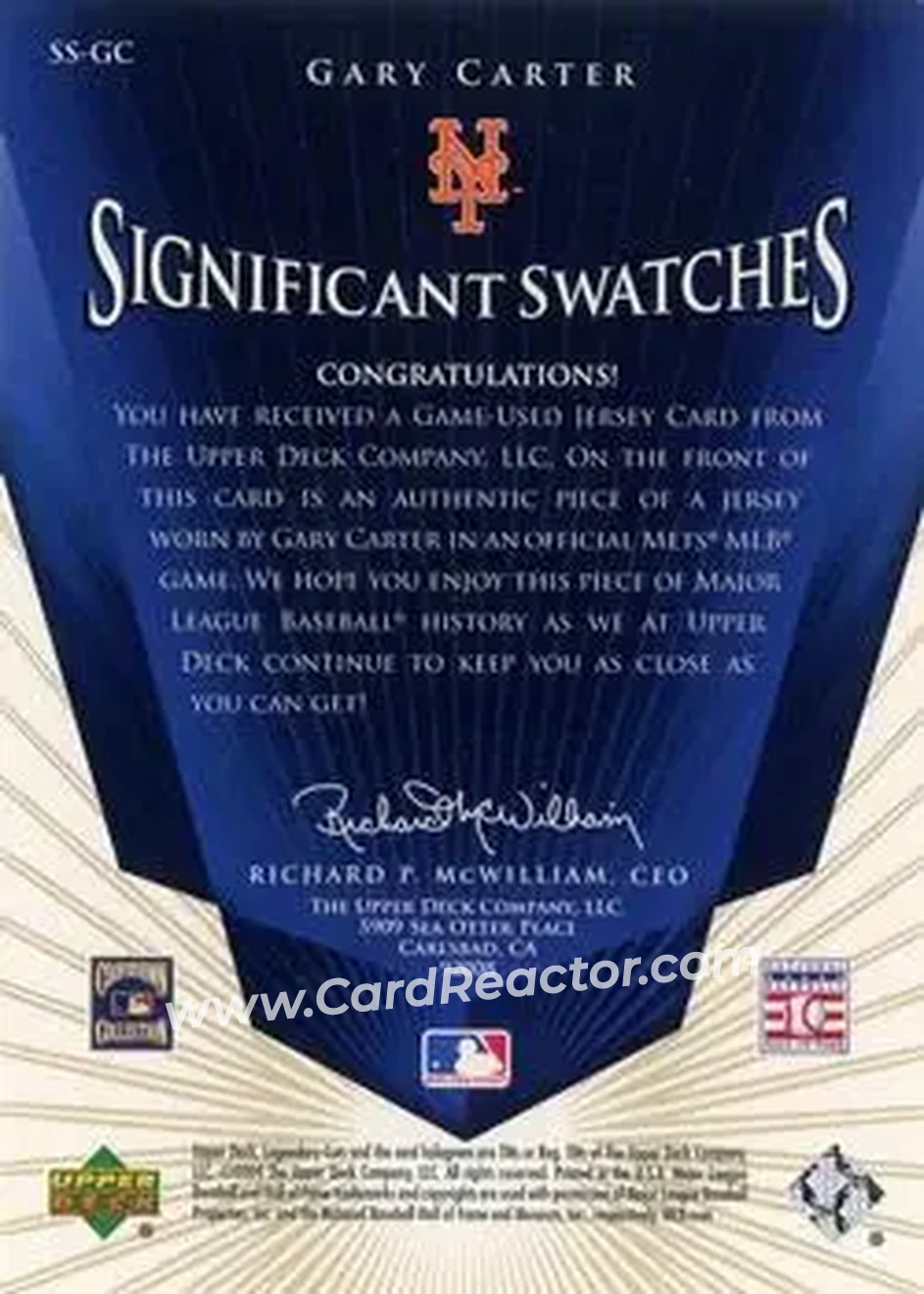 2004 SP Legendary Cuts - Significant Swatches 25 #SS-GC - Gary Carter - New York Mets - Back