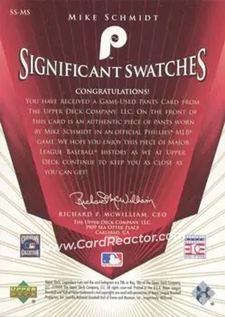 2004 SP Legendary Cuts - Significant Swatches 25 #SS-MS - Mike Schmidt - Philadelphia Phillies - Back