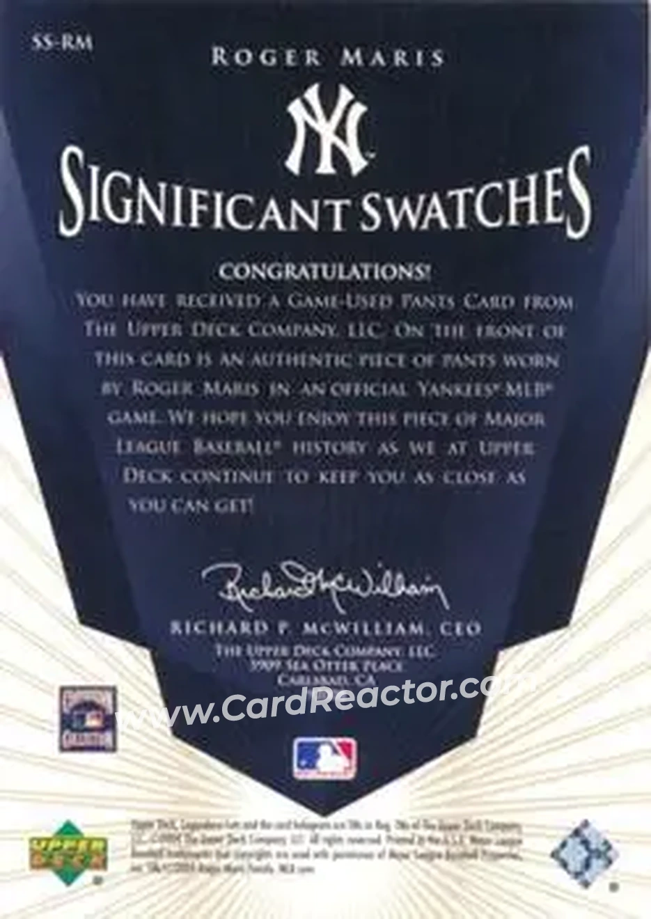 2004 SP Legendary Cuts - Significant Swatches 25 #SS-RM - Roger Maris - New York Yankees - Back