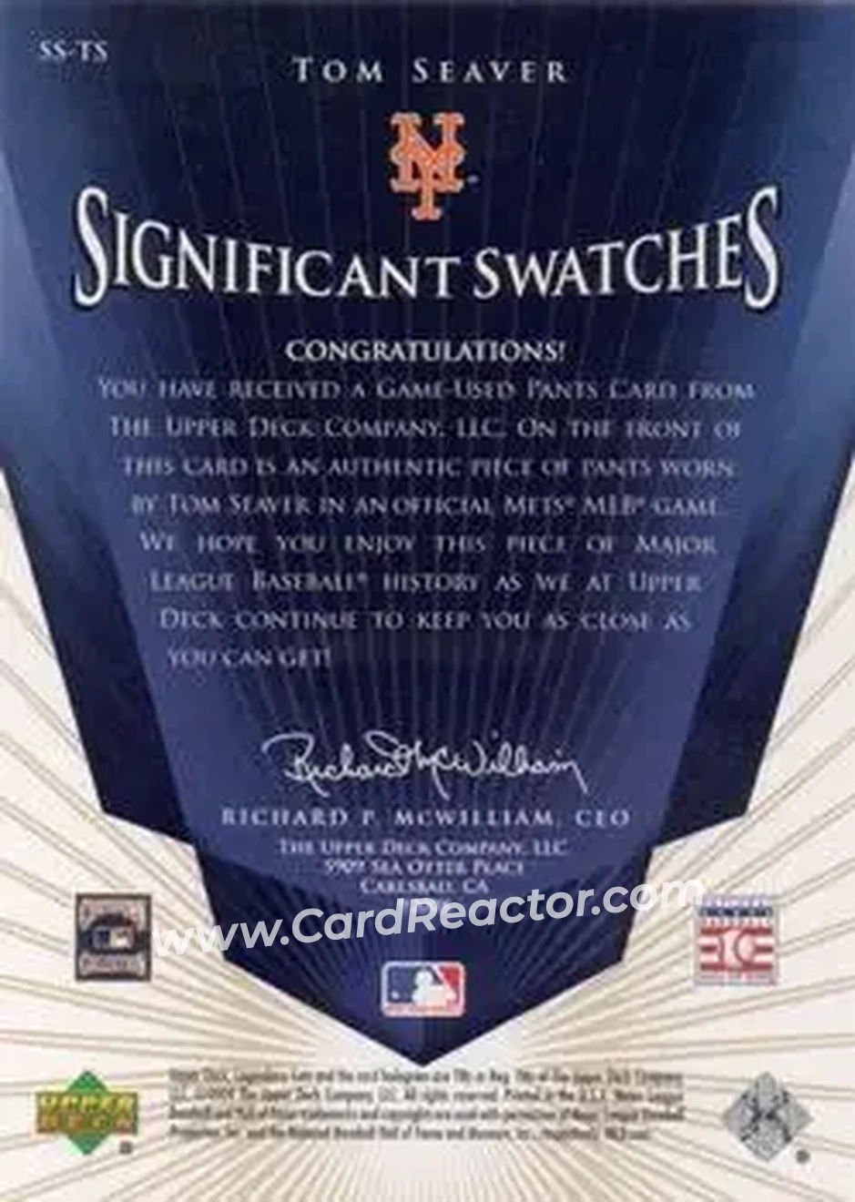 2004 SP Legendary Cuts - Significant Swatches 25 #SS-TS - Tom Seaver - New York Mets - Back