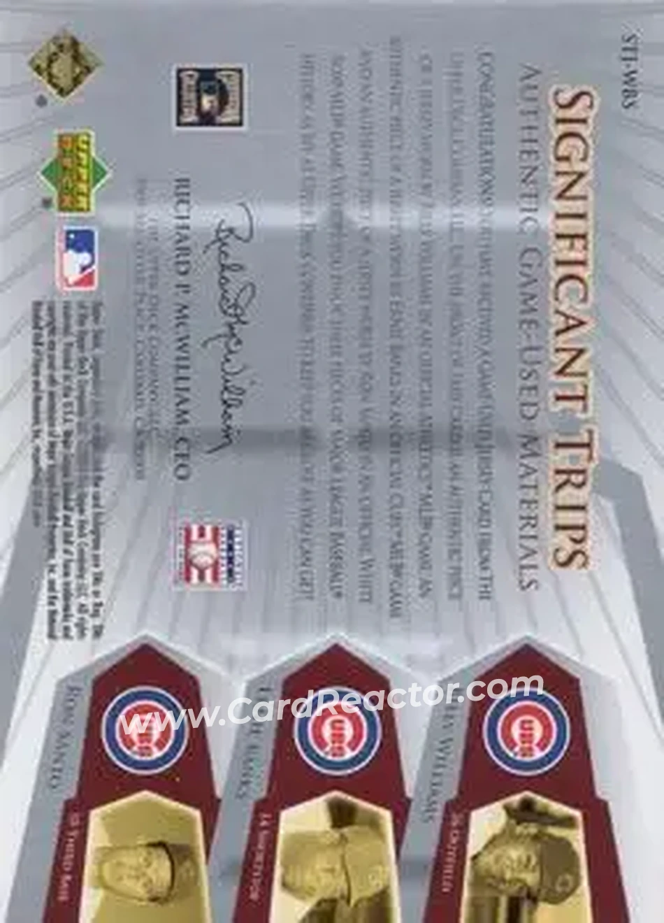 2004 SP Legendary Cuts - Significant Trips Memorabilia #STJ-WBS - Billy Williams - Ernie Banks - Ron Santo - Chicago Cubs - Back