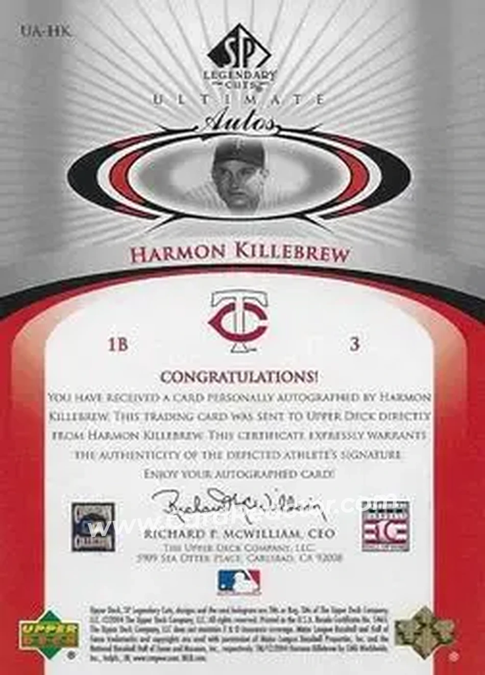 2004 SP Legendary Cuts - Ultimate Autos #UA-HK - Harmon Killebrew - Minnesota Twins - Back