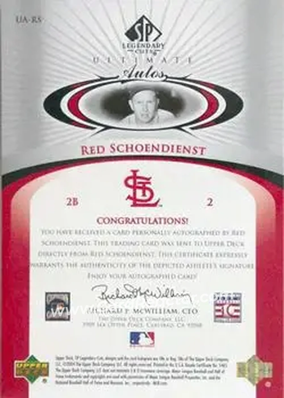 2004 SP Legendary Cuts - Ultimate Autos #UA-RS - Al Schoendienst - St. Louis Cardinals - Back