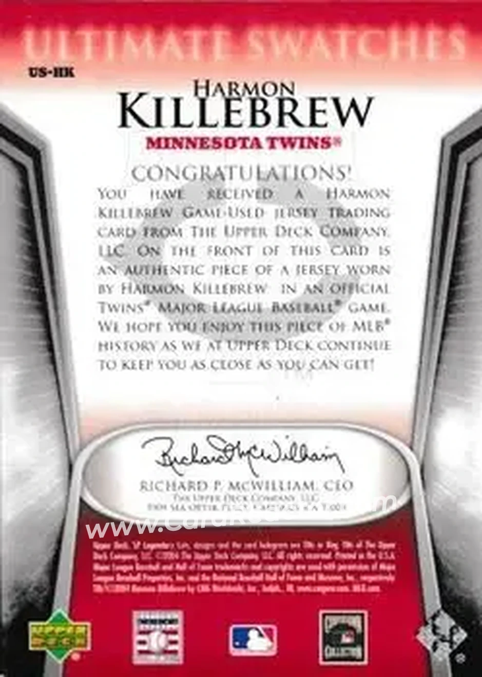 2004 SP Legendary Cuts - Ultimate Swatches 10 #US-HK - Harmon Killebrew - Minnesota Twins - Back