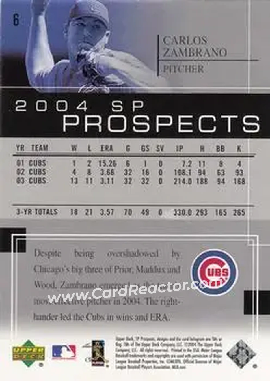 2004 SP Prospects #6 - Carlos Zambrano - Chicago Cubs - Back