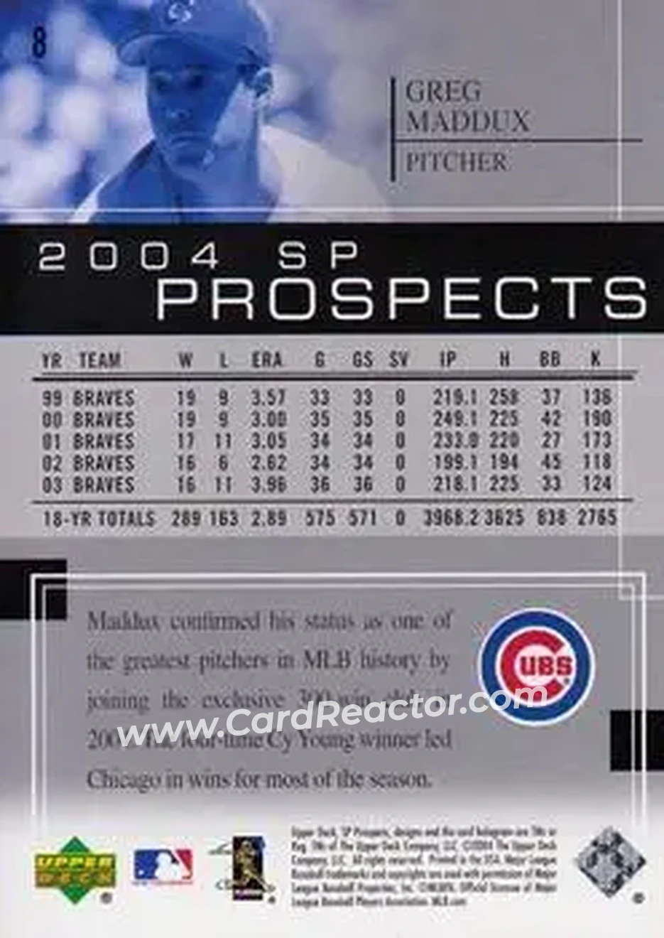 2004 SP Prospects #8 - Greg Maddux - Chicago Cubs - Back