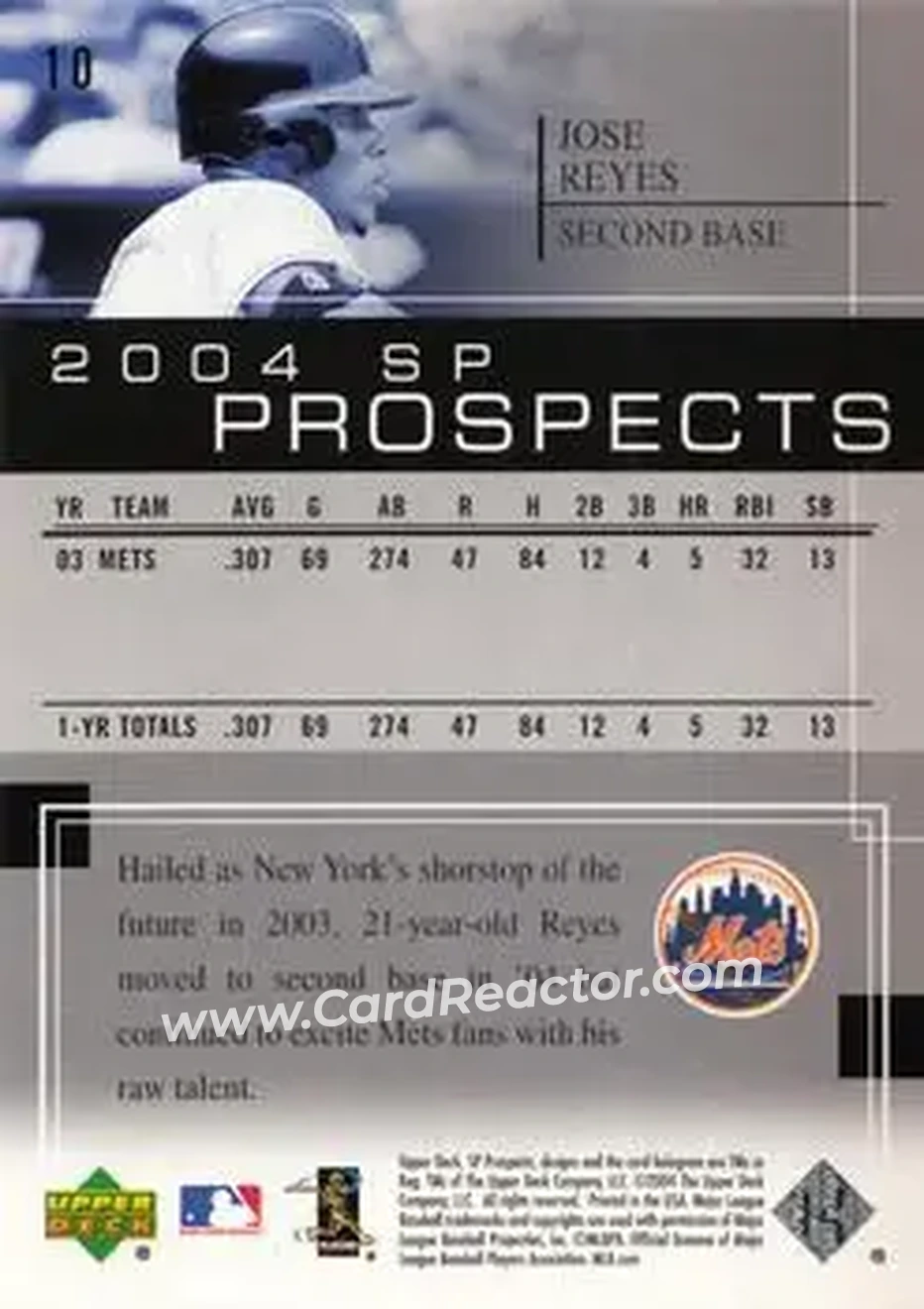 2004 SP Prospects #10 - Jose Reyes - New York Mets - Back