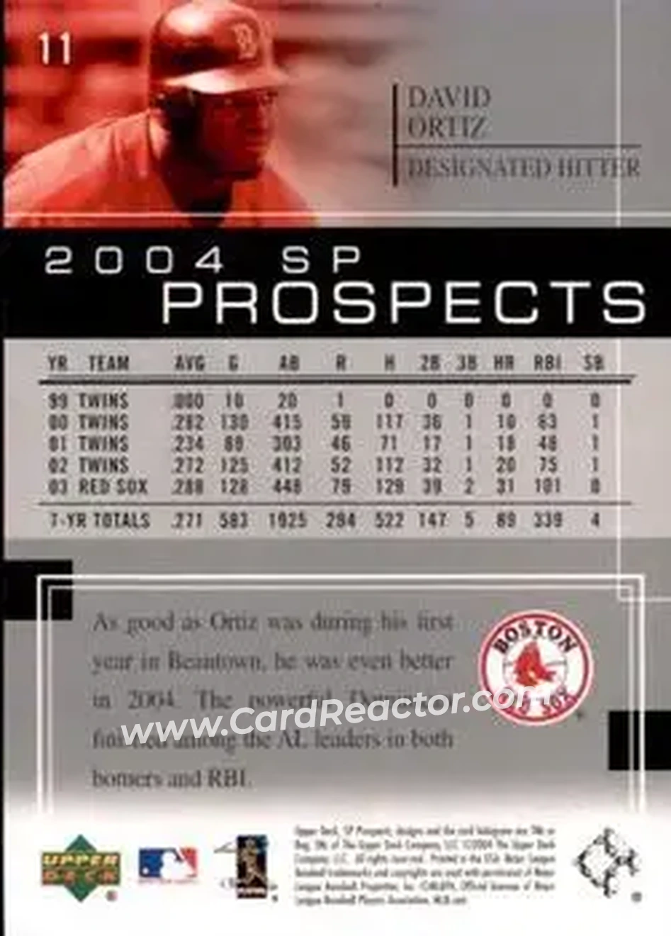 2004 SP Prospects #11 - David Ortiz - Boston Red Sox - Back