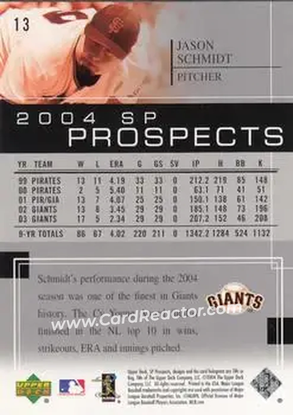 2004 SP Prospects #13 - Jason Schmidt - San Francisco Giants - Back
