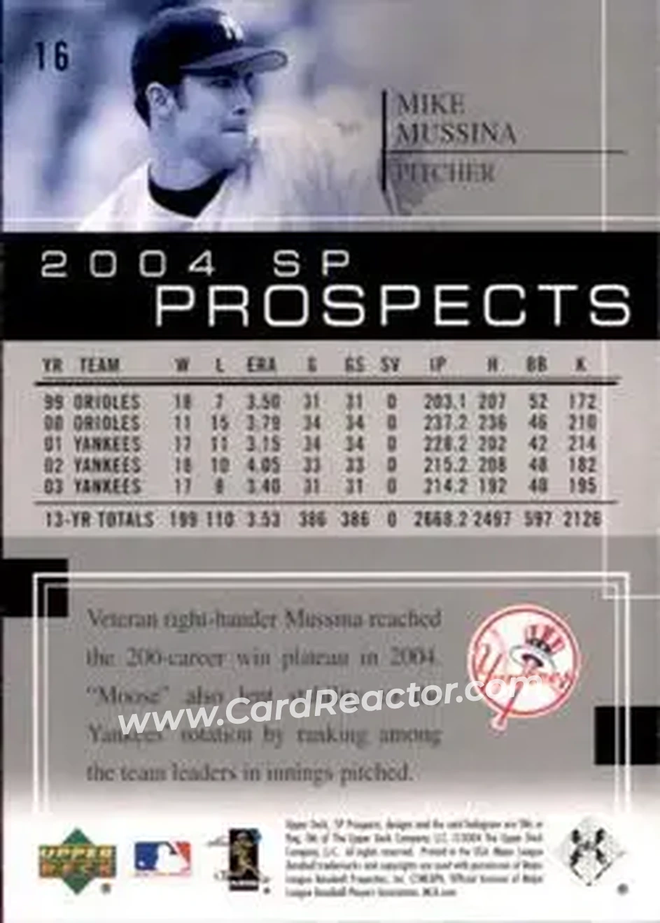 2004 SP Prospects #16 - Mike Mussina - New York Yankees - Back 2004 SP Prospects #16 - Mike Mussina - New York Yankees - Back