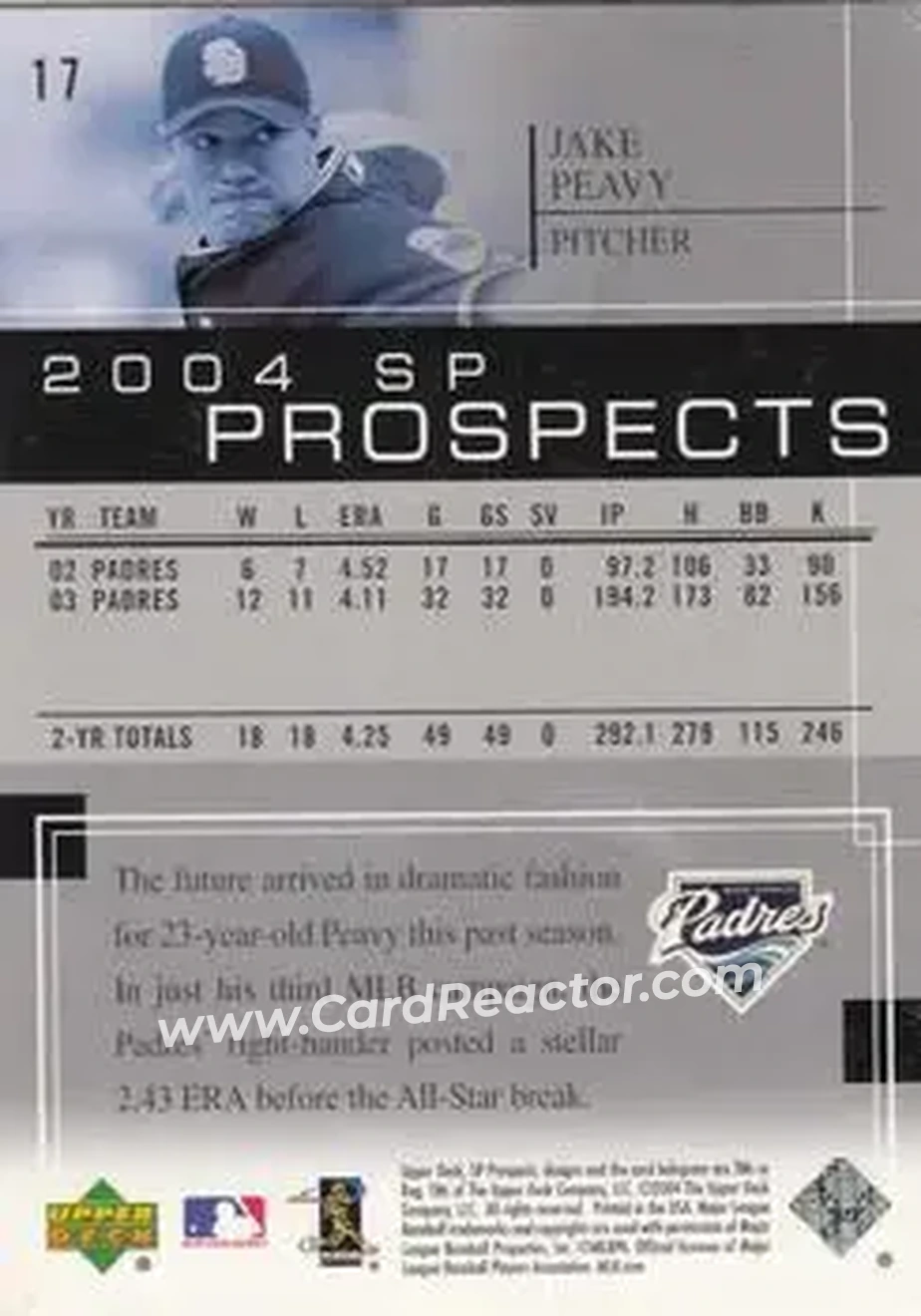 2004 SP Prospects #17 - Jake Peavy - San Diego Padres - Back