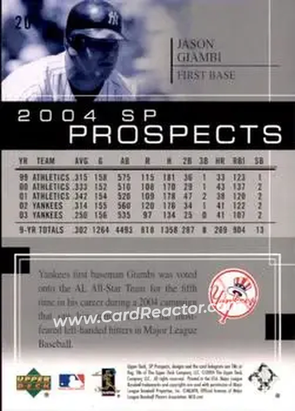 2004 SP Prospects #20 - Jason Giambi - New York Yankees - Back 2004 SP Prospects #20 - Jason Giambi - New York Yankees - Back