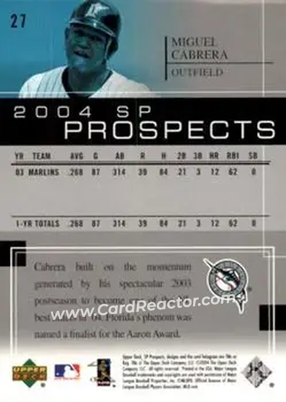2004 SP Prospects #27 - Miguel Cabrera - Florida Marlins - Back