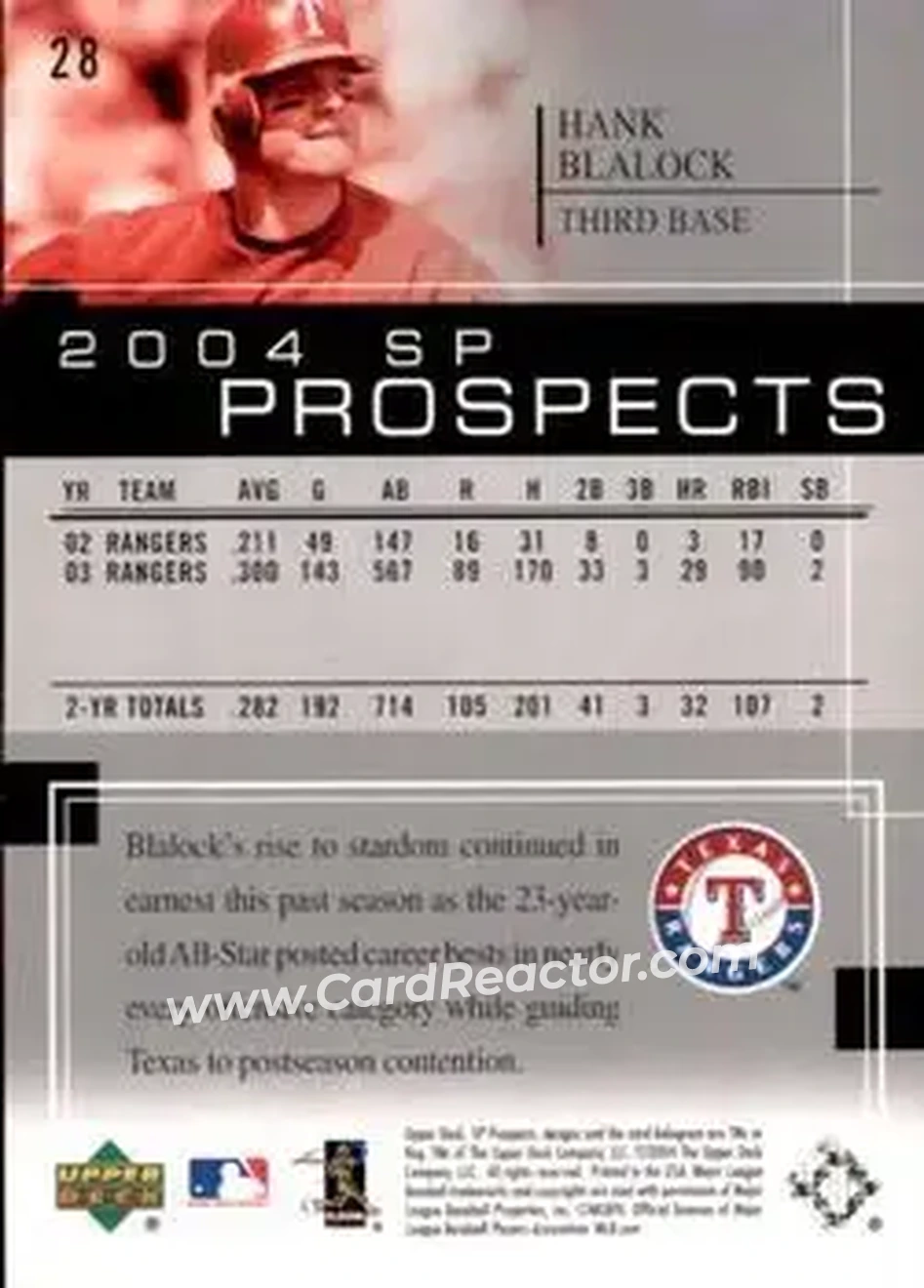 2004 SP Prospects #28 - Hank Blalock - Texas Rangers - Back