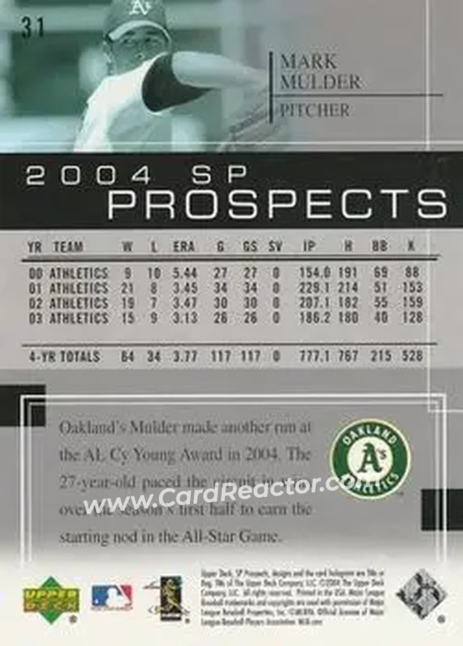 2004 SP Prospects #31 - Mark Mulder - Oakland Athletics - Back