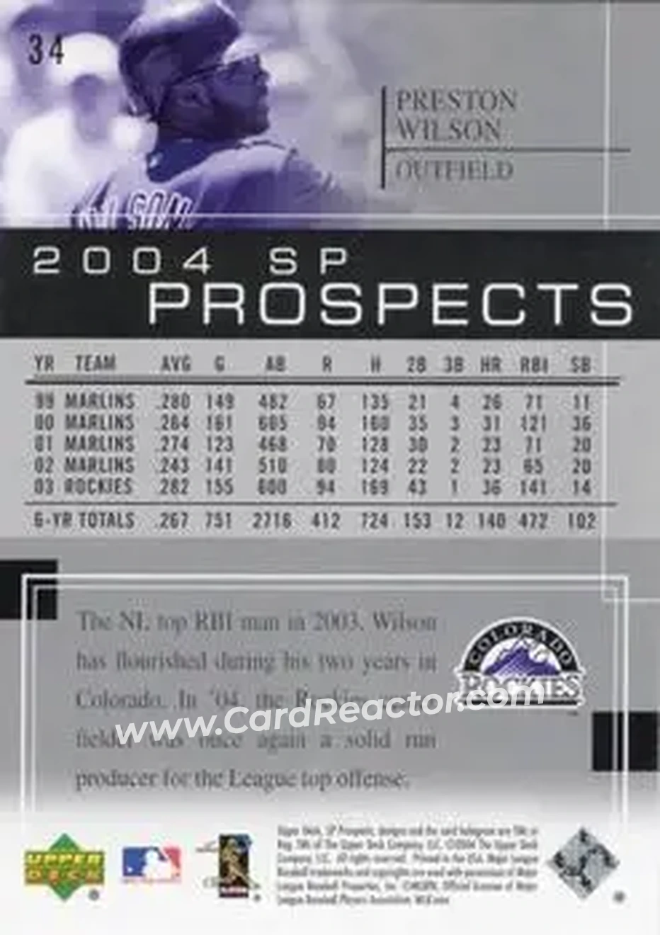 2004 SP Prospects #34 - Preston Wilson - Colorado Rockies - Back