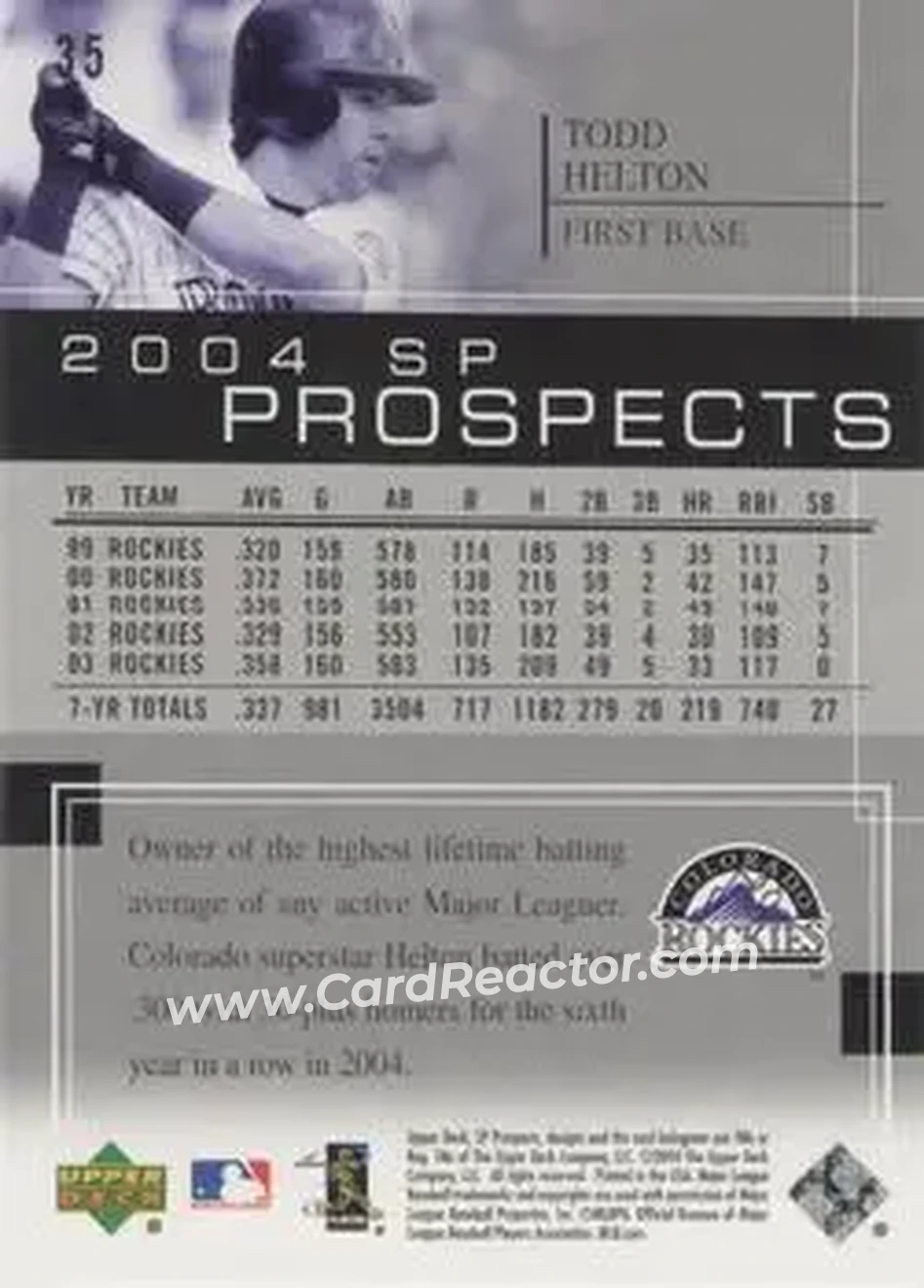 2004 SP Prospects #35 - Todd Helton - Colorado Rockies - Back