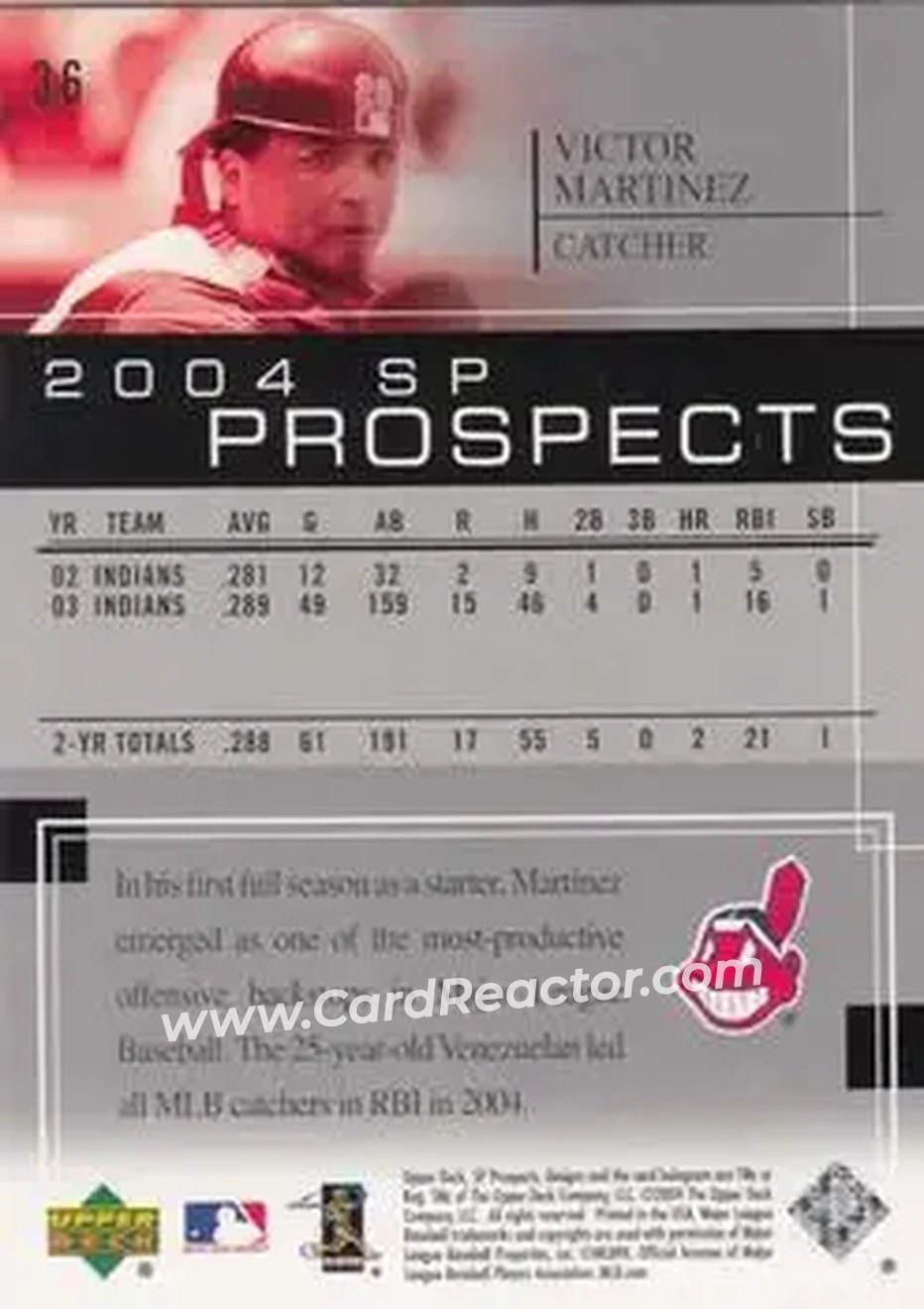 2004 SP Prospects #36 - Victor Martinez - Cleveland Indians - Back