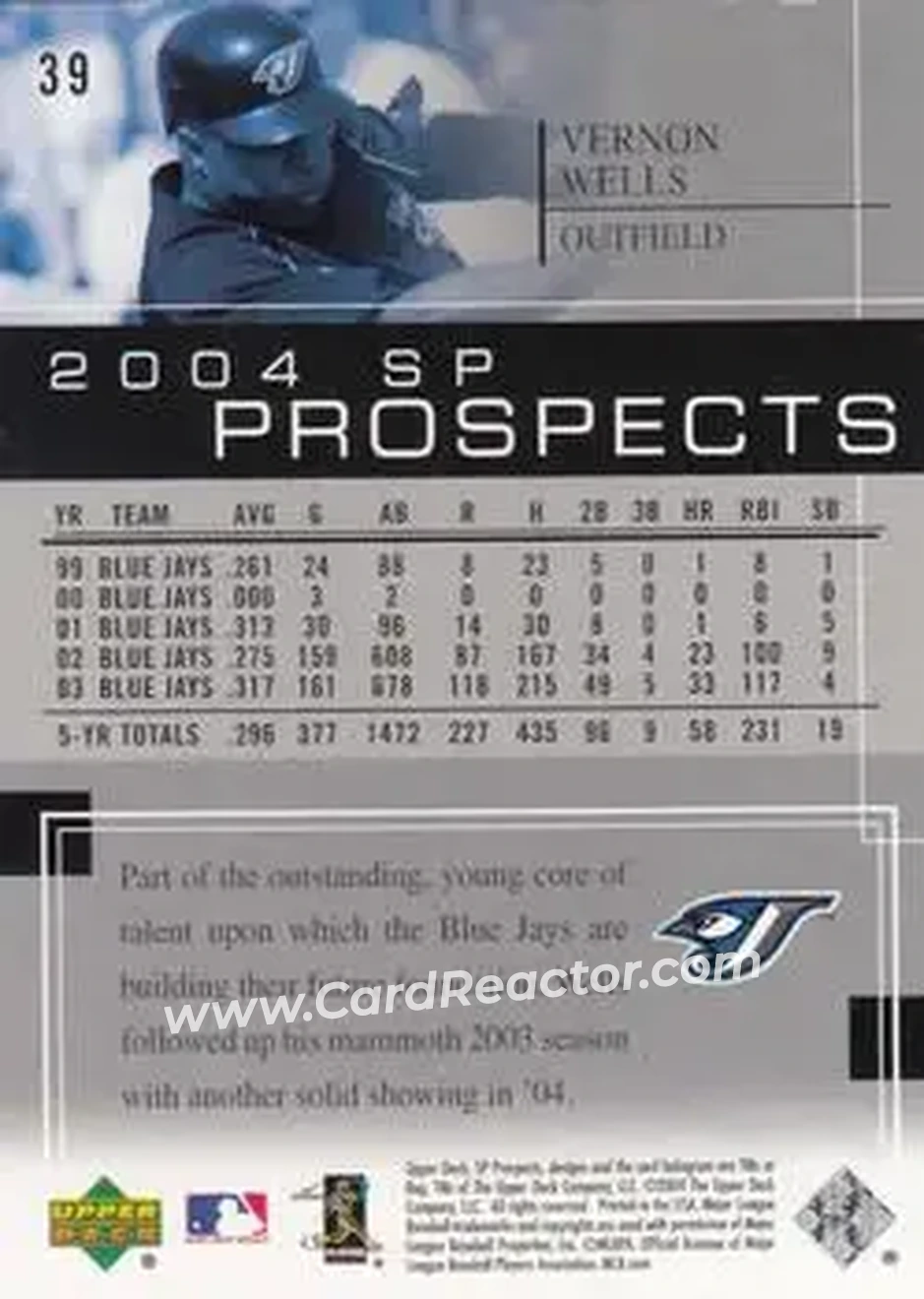 2004 SP Prospects #39 - Vernon Wells - Toronto Blue Jays - Back