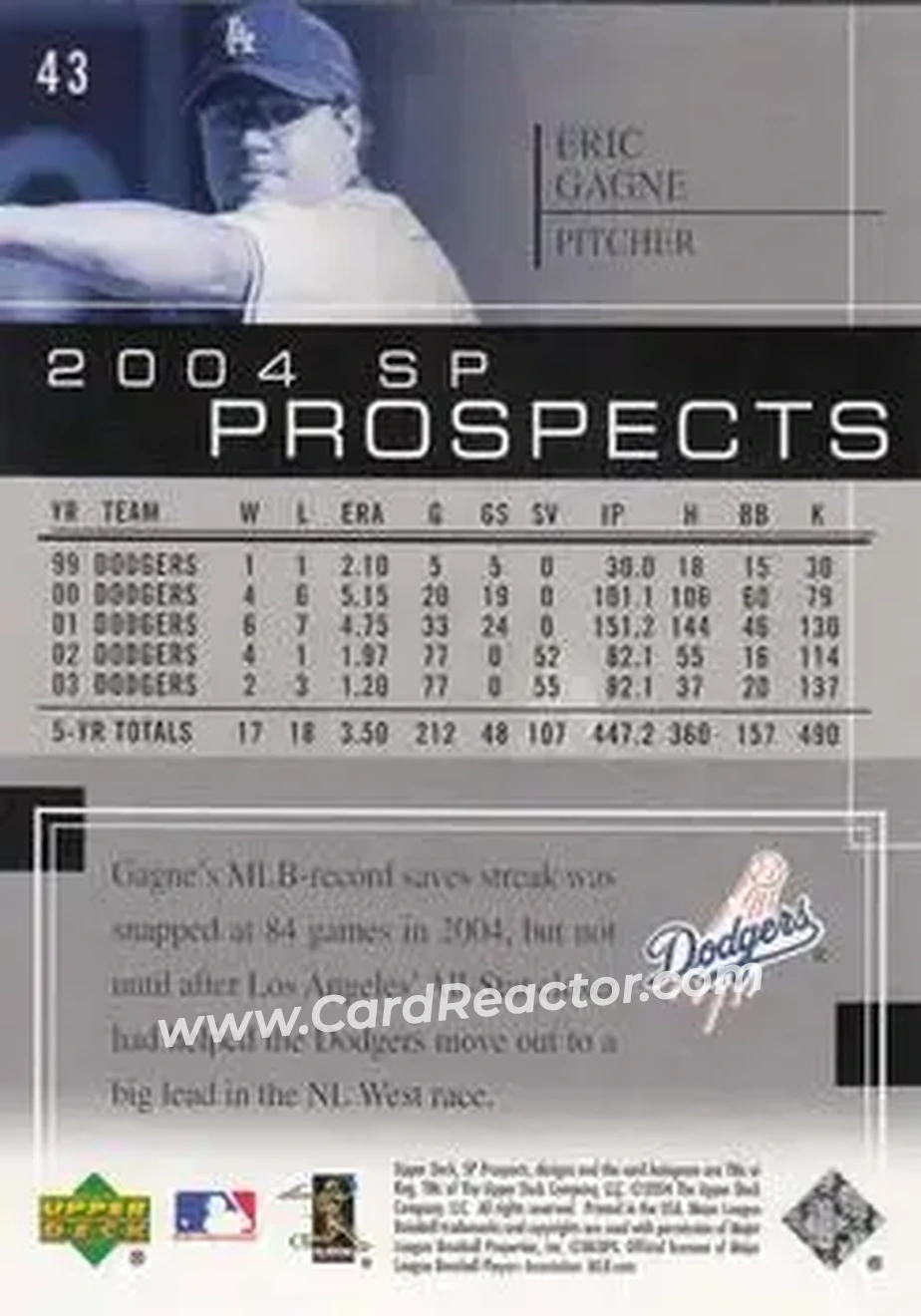 2004 SP Prospects #43 - Eric Gagne - Los Angeles Dodgers - Back