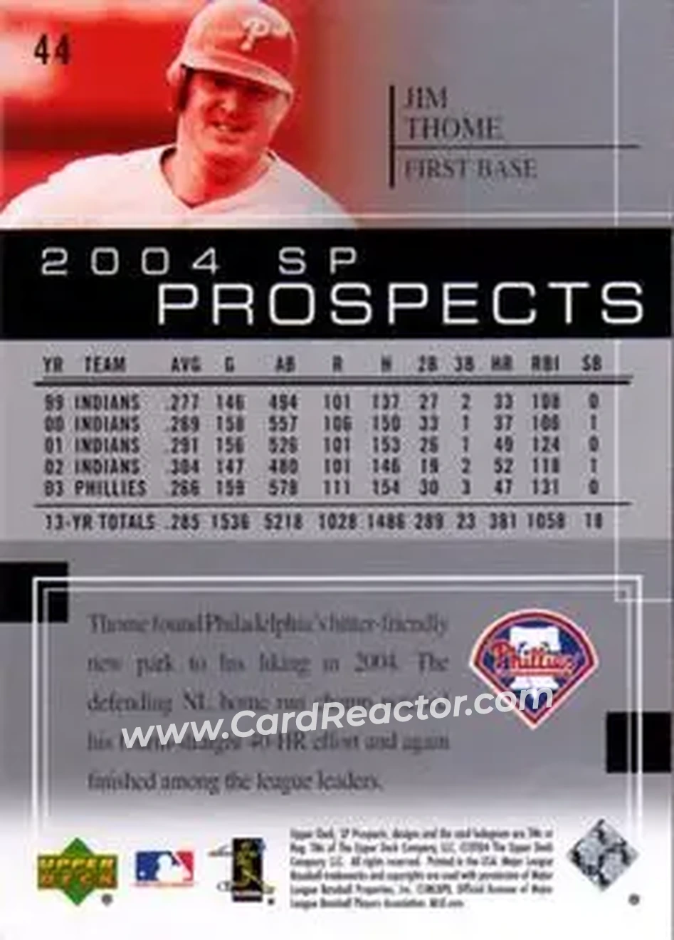 2004 SP Prospects #44 - Jim Thome - Philadelphia Phillies - Back