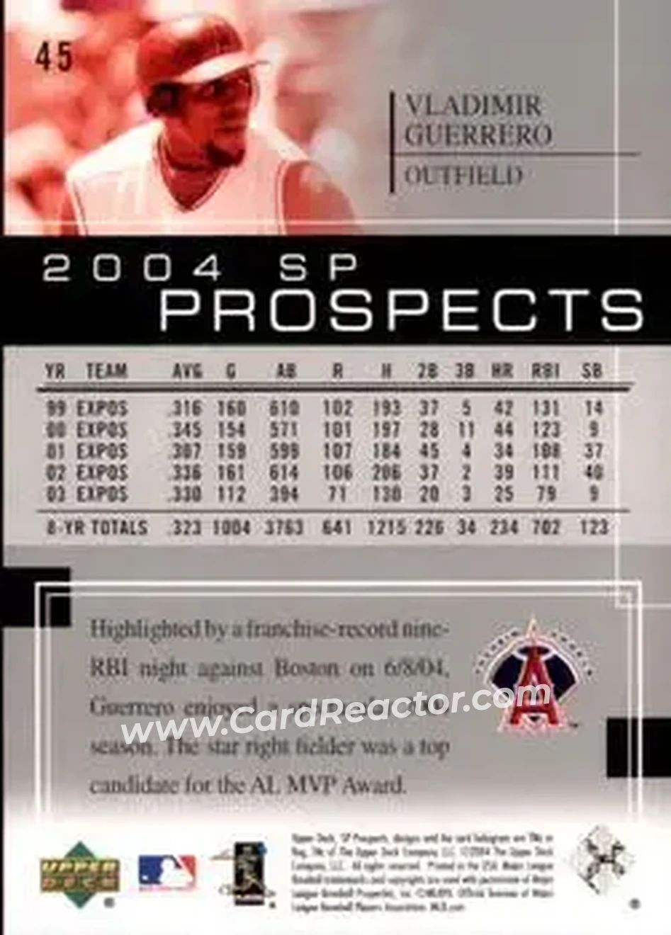 2004 SP Prospects #45 - Vladimir Guerrero - Anaheim Angels - Back 2004 SP Prospects #45 - Vladimir Guerrero - Anaheim Angels - Back