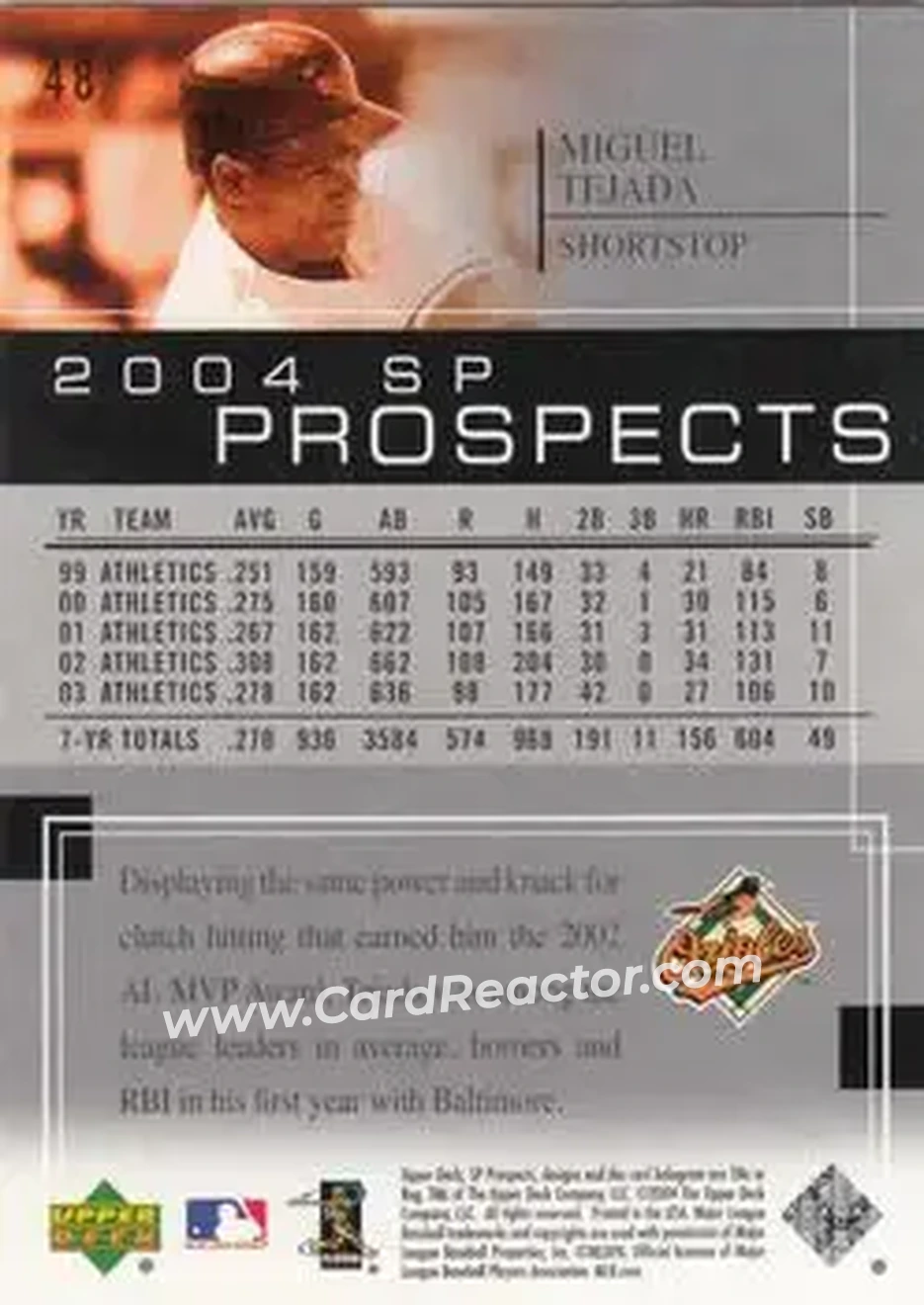 2004 SP Prospects #48 - Miguel Tejada - Baltimore Orioles - Back