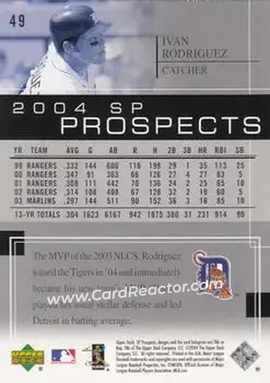 2004 SP Prospects #49 - Ivan Rodriguez - Detroit Tigers - Back 2004 SP Prospects #49 - Ivan Rodriguez - Detroit Tigers - Back