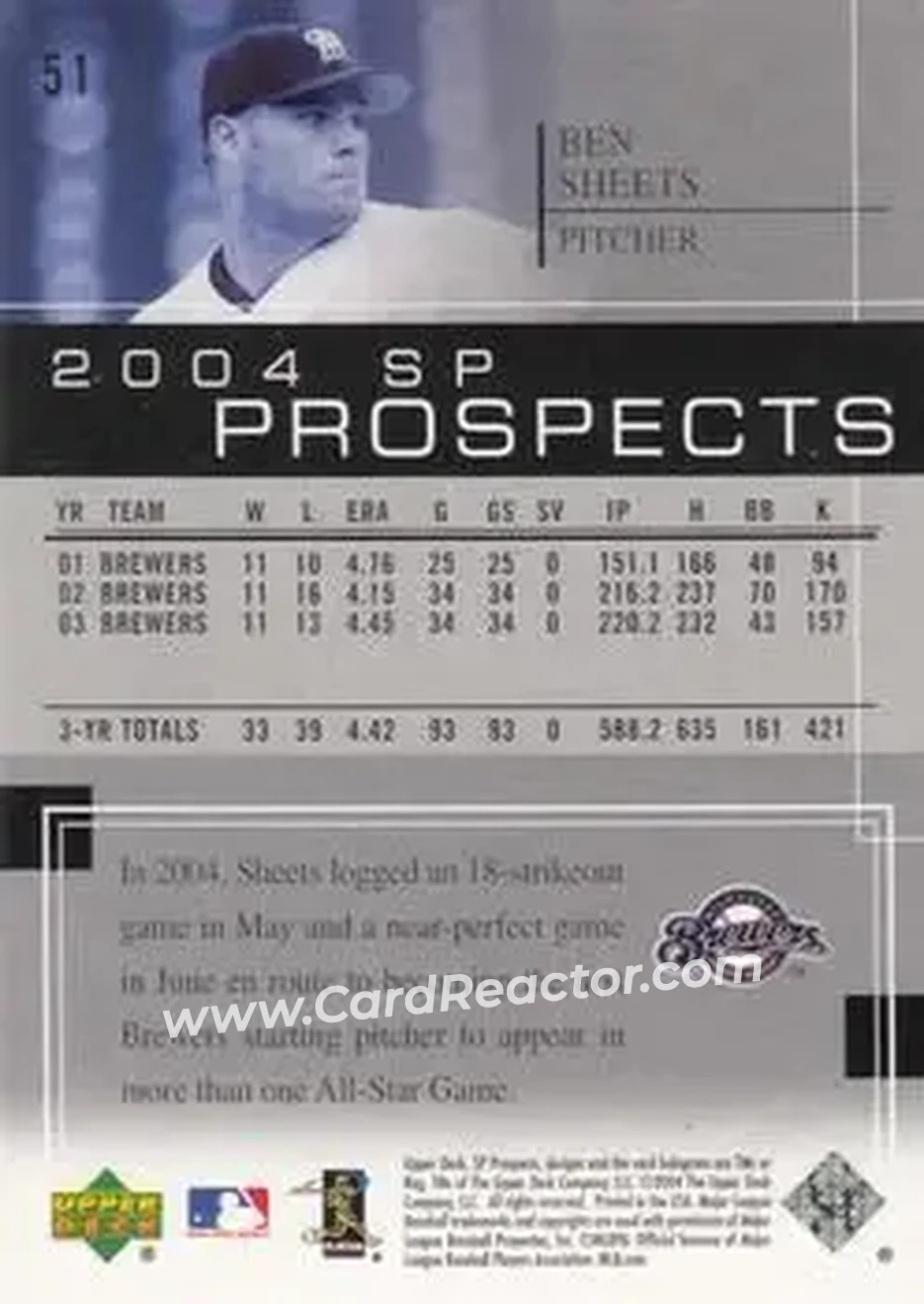 2004 SP Prospects #51 - Ben Sheets - Milwaukee Brewers - Back