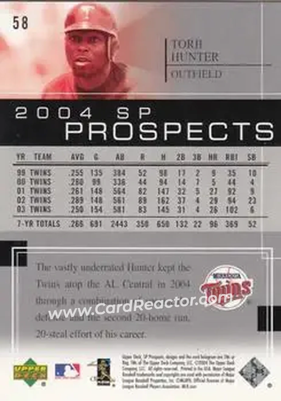 2004 SP Prospects #58 - Torii Hunter - Minnesota Twins - Back