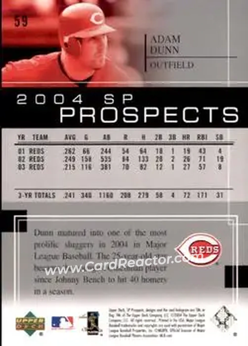 2004 SP Prospects #59 - Adam Dunn - Cincinnati Reds - Back