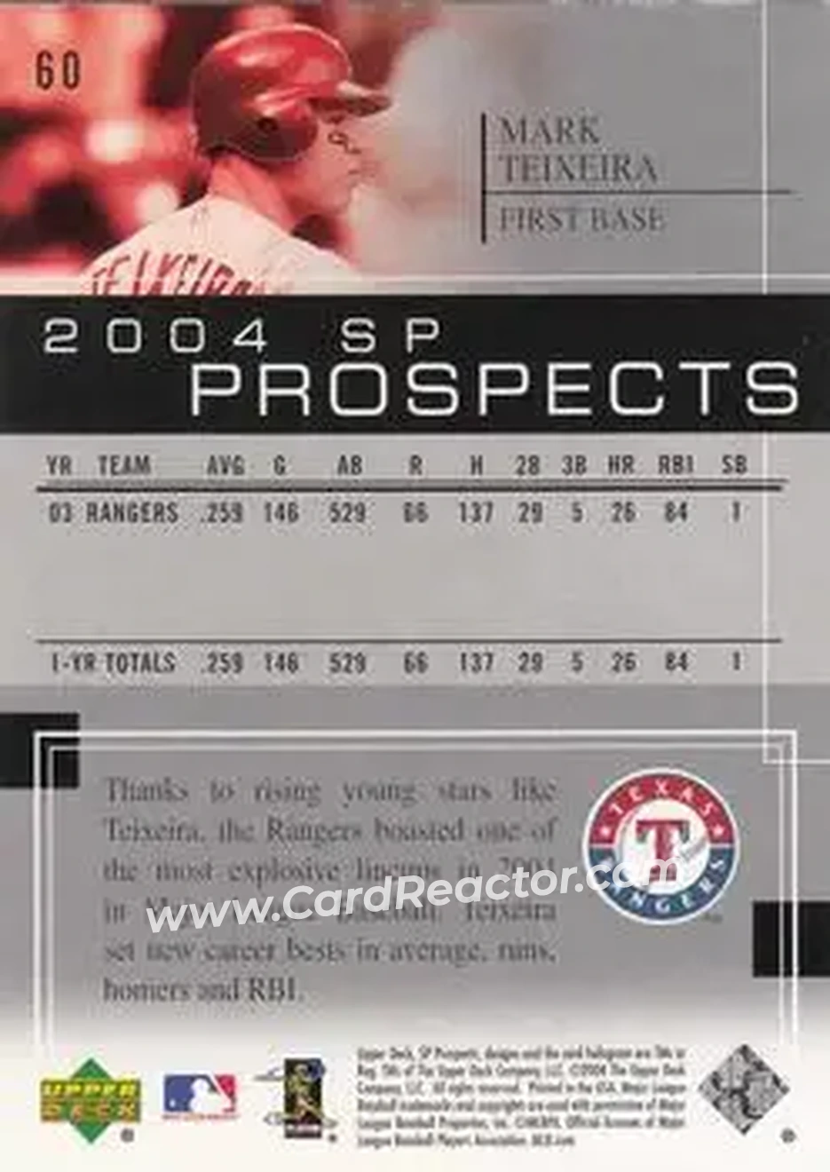 2004 SP Prospects #60 - Mark Teixeira - Texas Rangers - Back