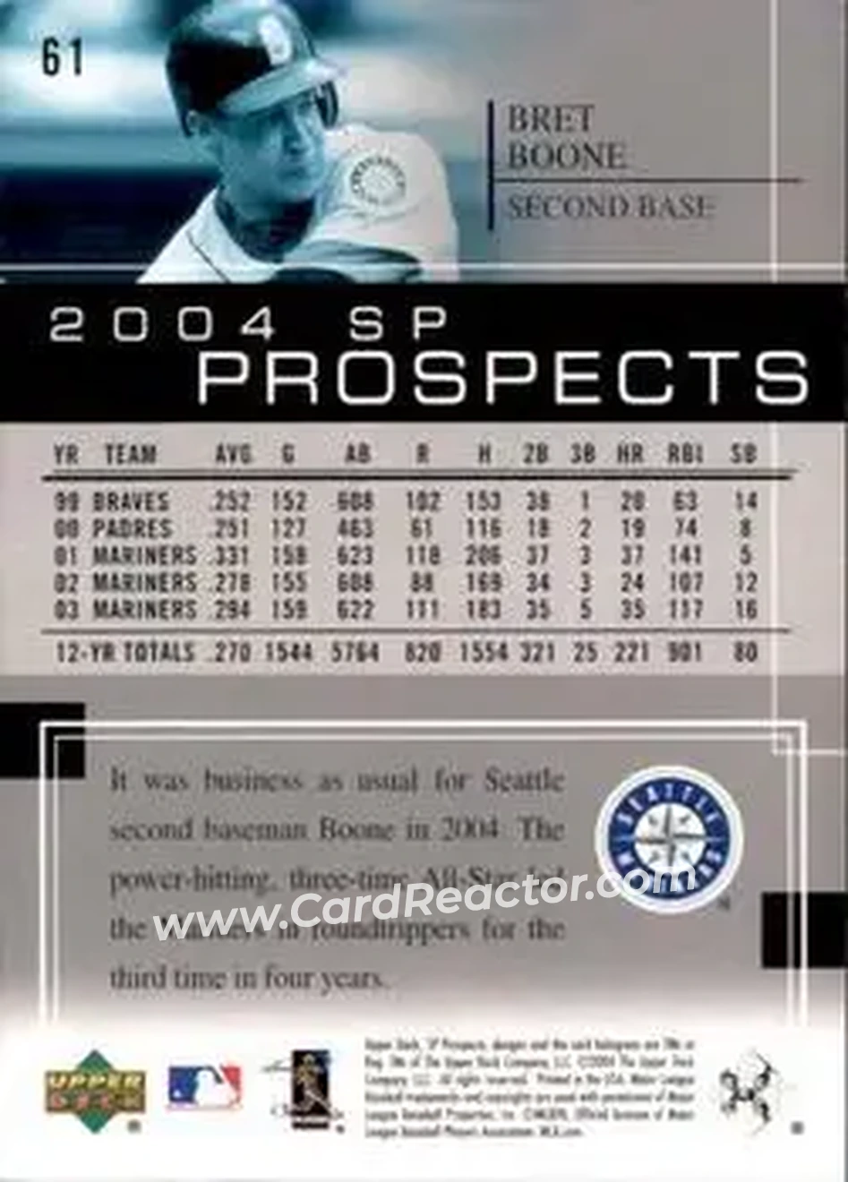 2004 SP Prospects #61 - Bret Boone - Seattle Mariners - Back