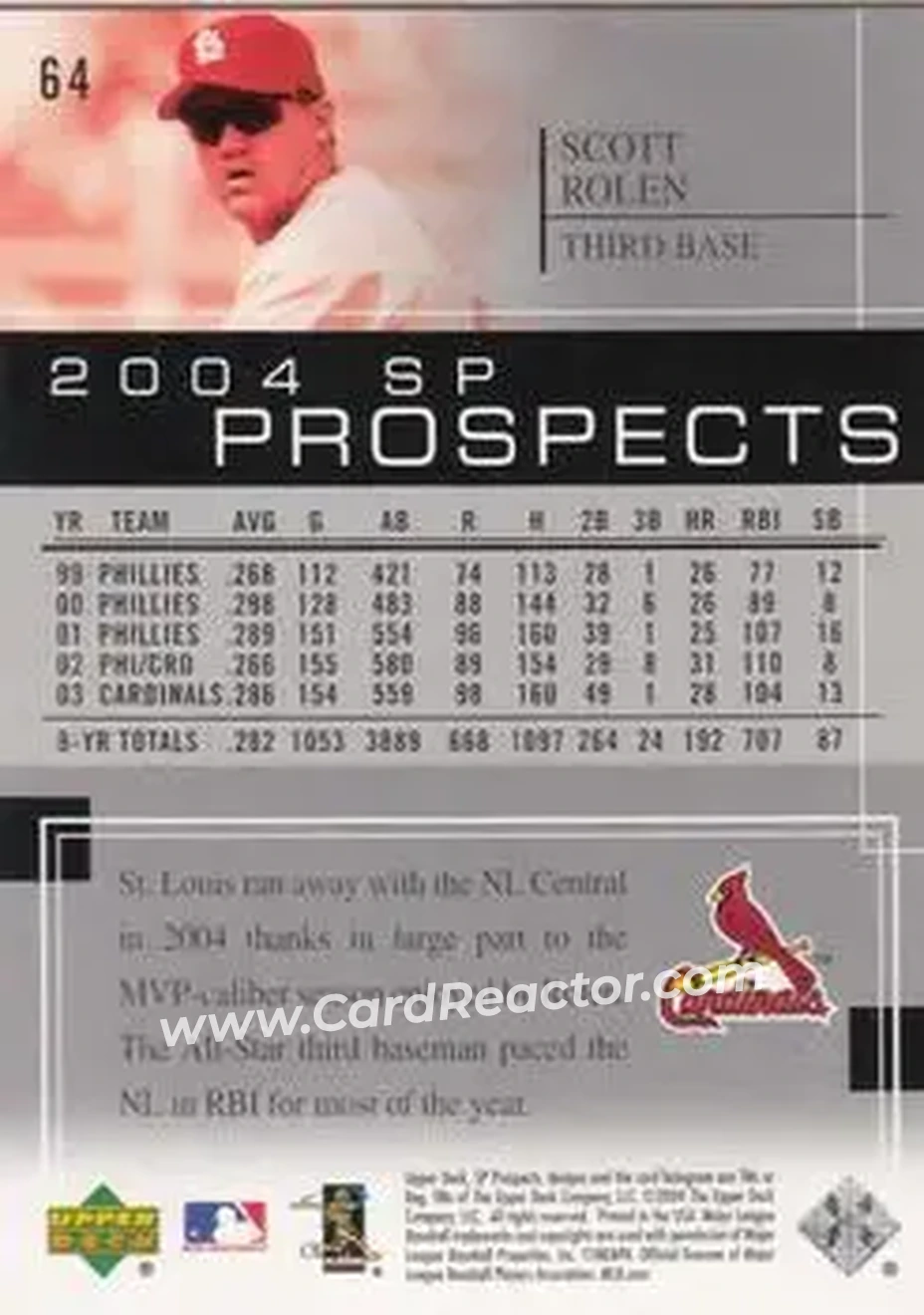 2004 SP Prospects #64 - Scott Rolen - St. Louis Cardinals - Back 2004 SP Prospects #64 - Scott Rolen - St. Louis Cardinals - Back