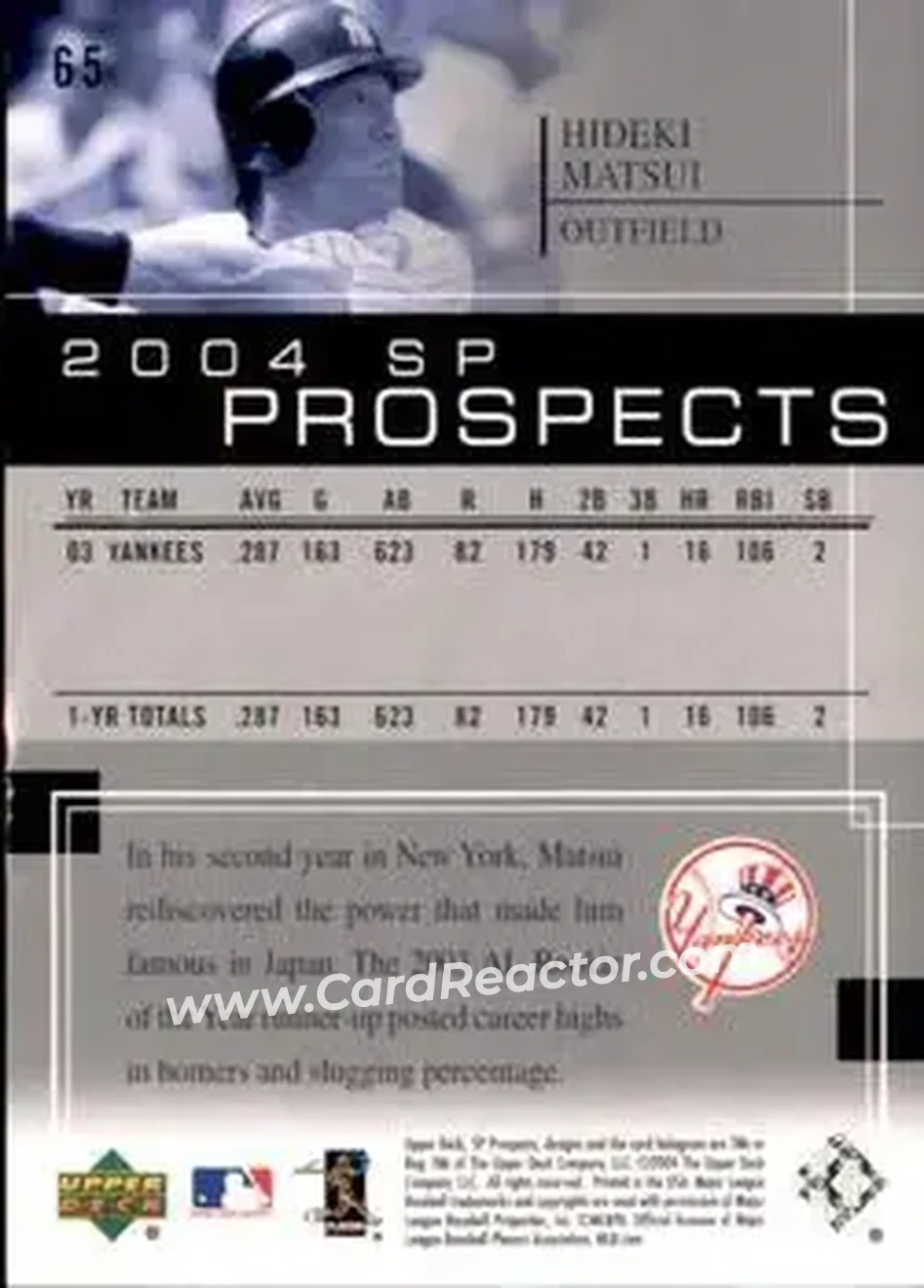 2004 SP Prospects #65 - Hideki Matsui - New York Yankees - Back