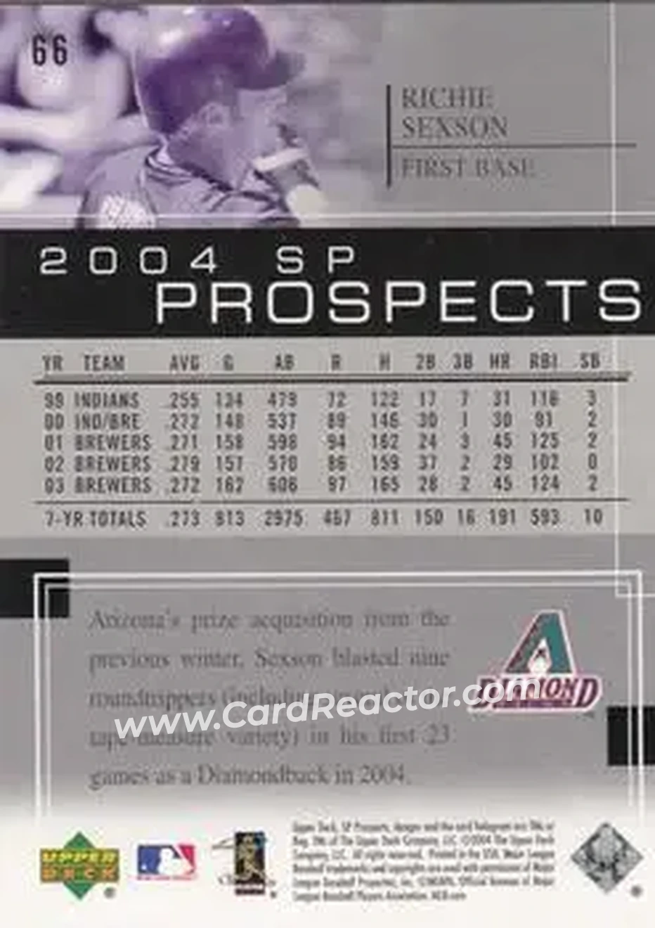 2004 SP Prospects #66 - Richie Sexson - Arizona Diamondbacks - Back 2004 SP Prospects #66 - Richie Sexson - Arizona Diamondbacks - Back