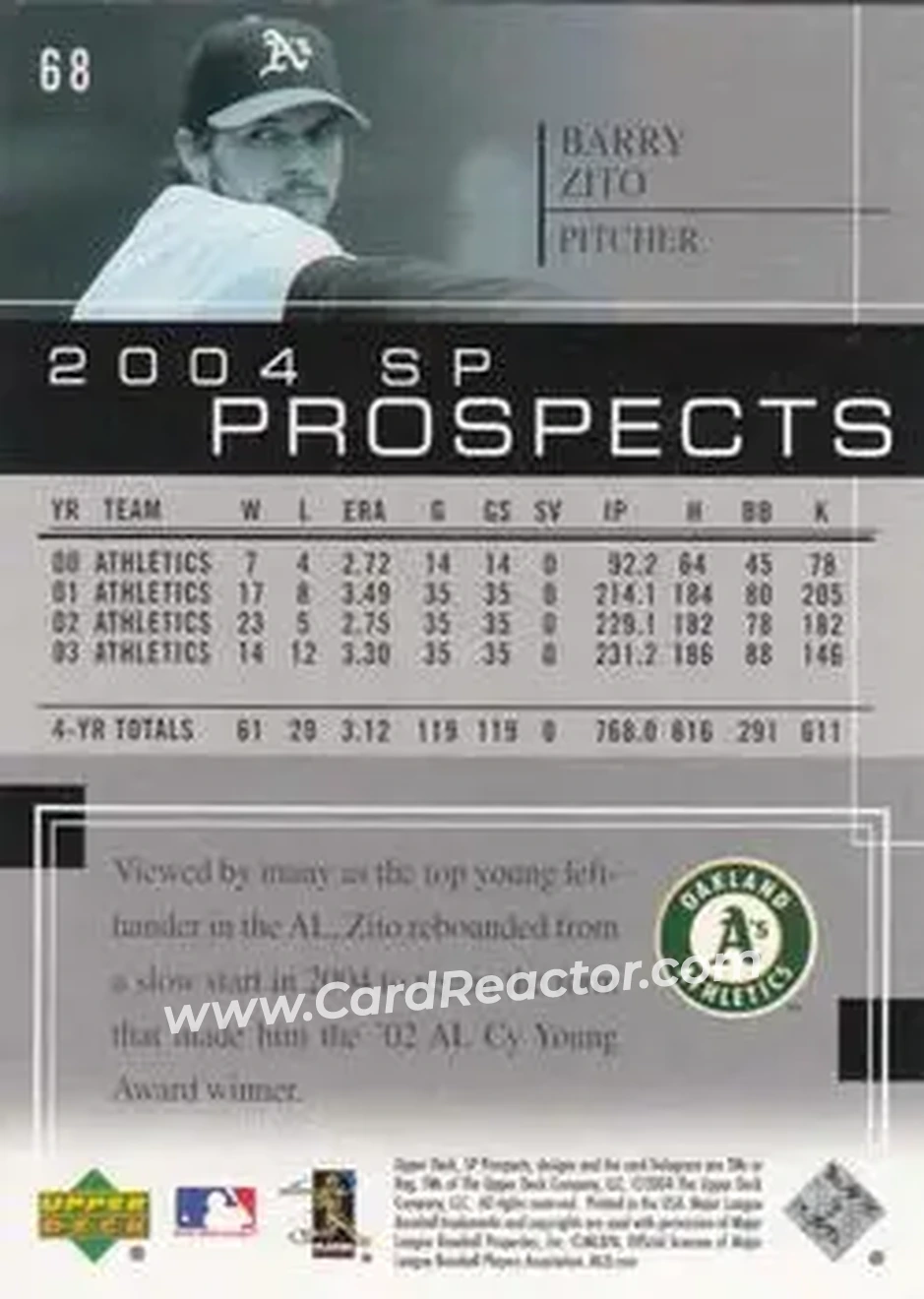 2004 SP Prospects #68 - Barry Zito - Oakland Athletics - Back